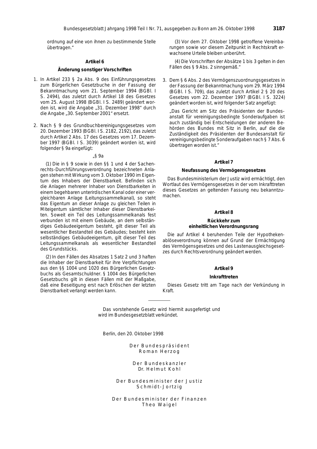 BGBl. 1998, Seite 3187 — Originalseite als Abbildung