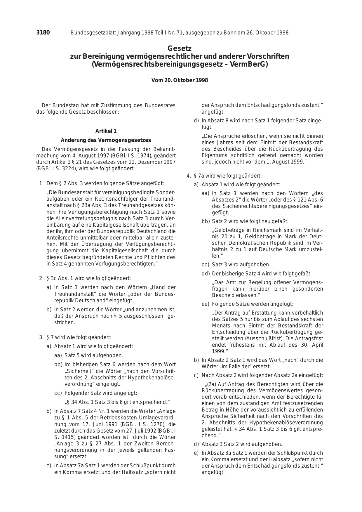 BGBl. 1998, Seite 3180 — Originalseite als Abbildung