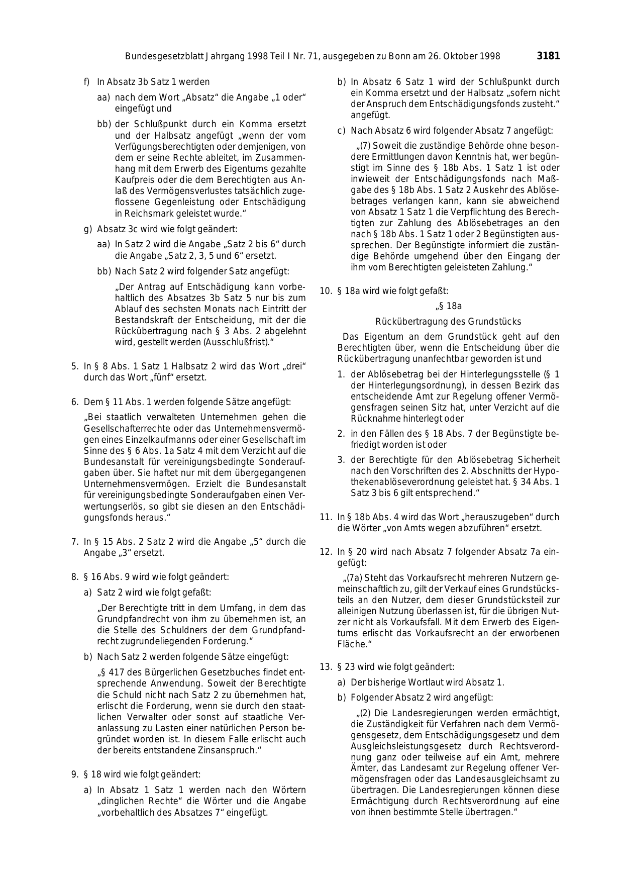 BGBl. 1998, Seite 3181 — Originalseite als Abbildung