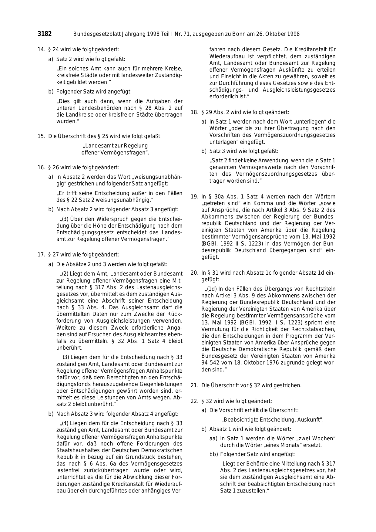 BGBl. 1998, Seite 3182 — Originalseite als Abbildung