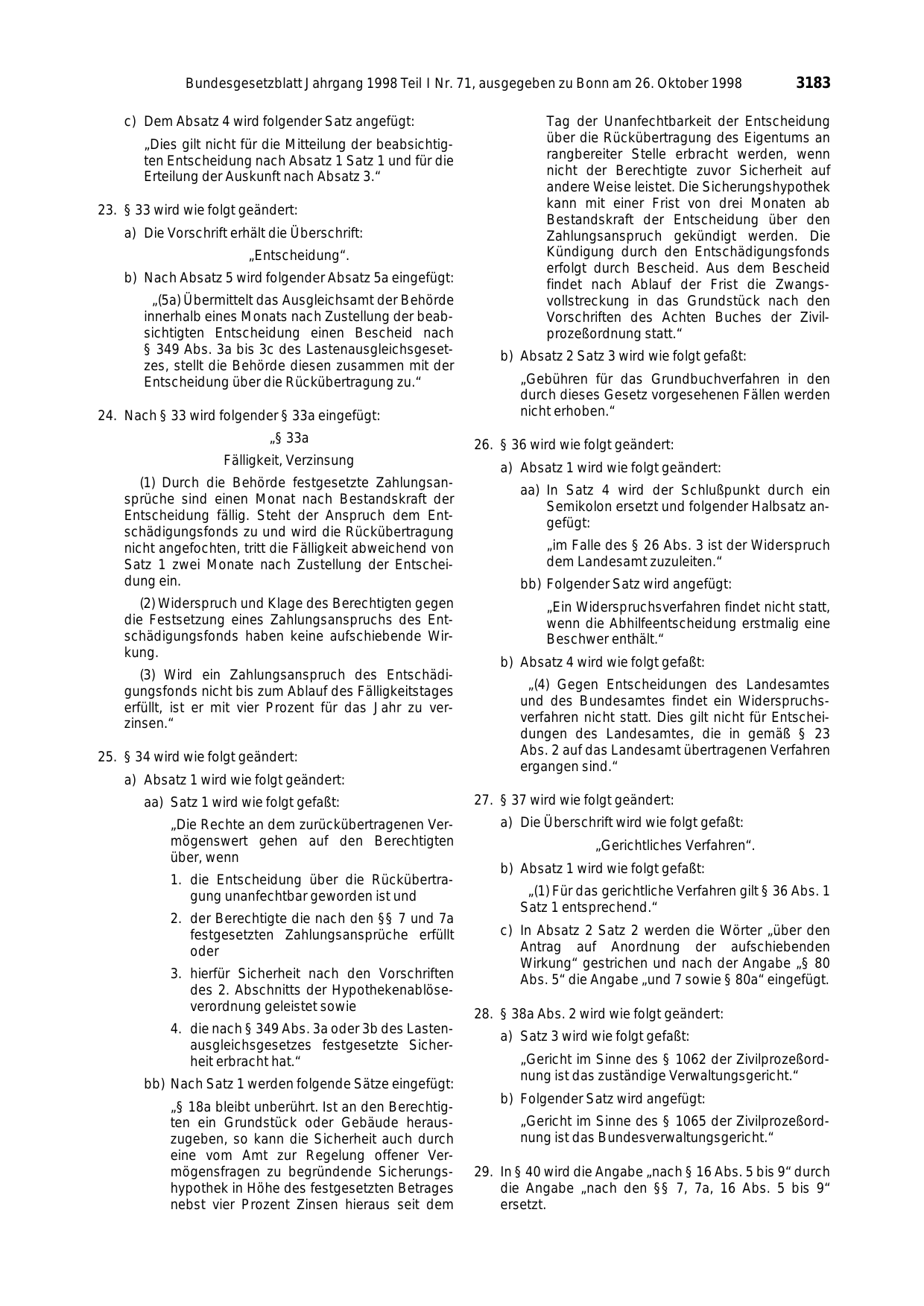BGBl. 1998, Seite 3183 — Originalseite als Abbildung