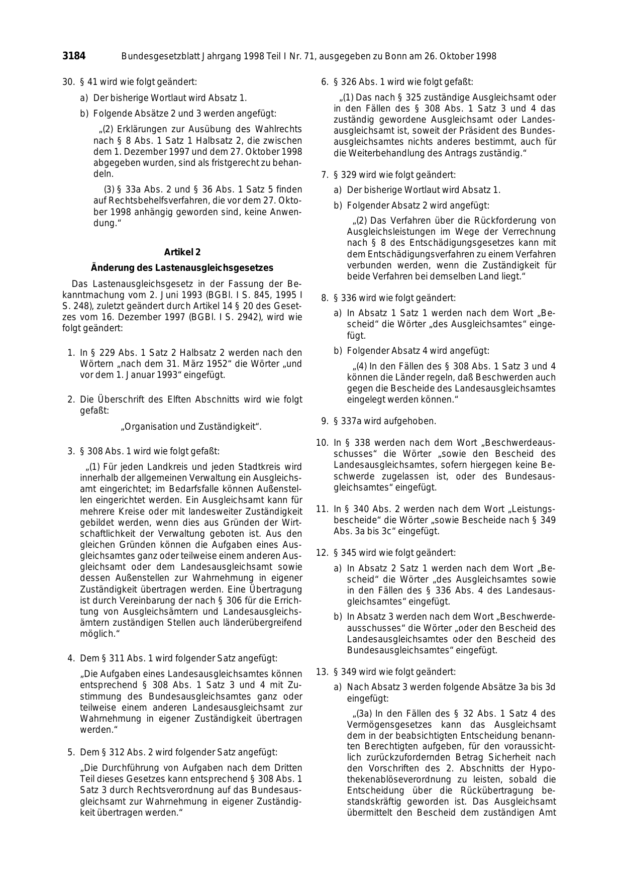 BGBl. 1998, Seite 3184 — Originalseite als Abbildung