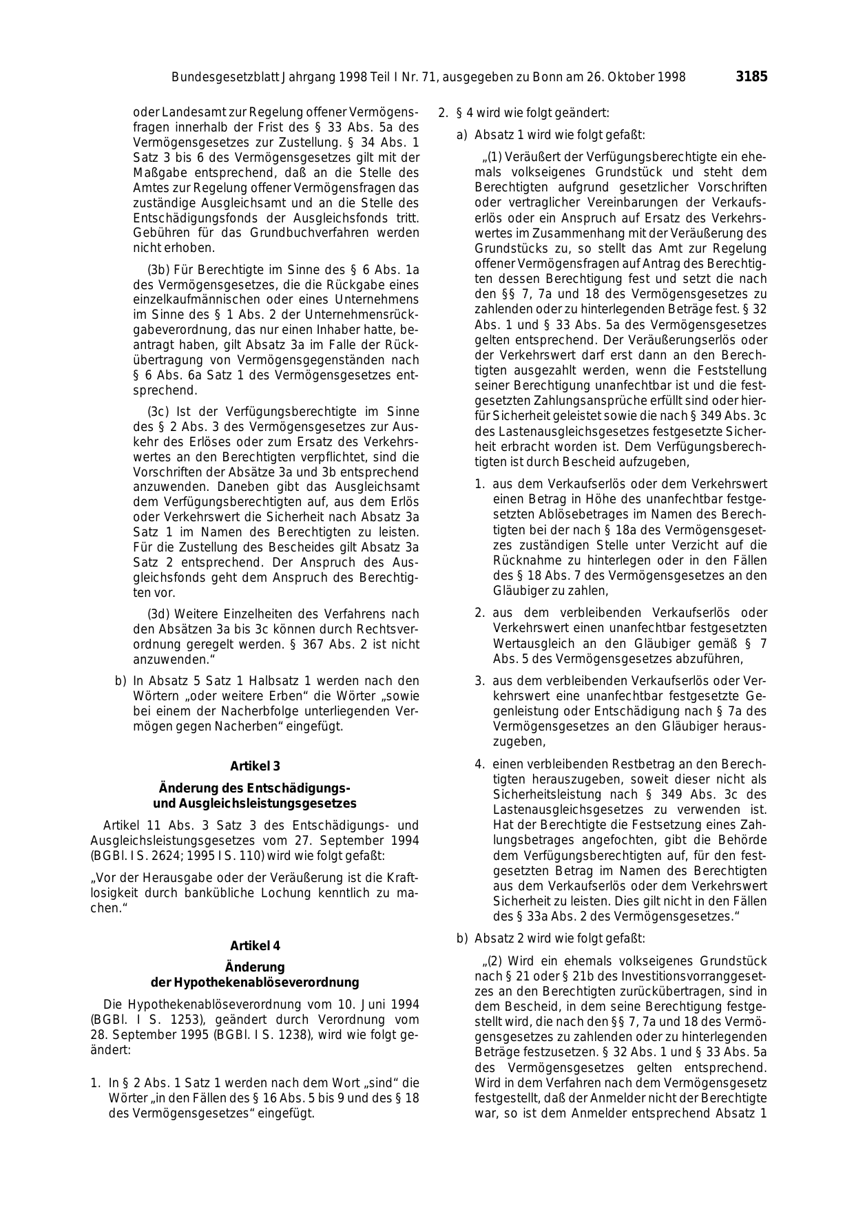 BGBl. 1998, Seite 3185 — Originalseite als Abbildung