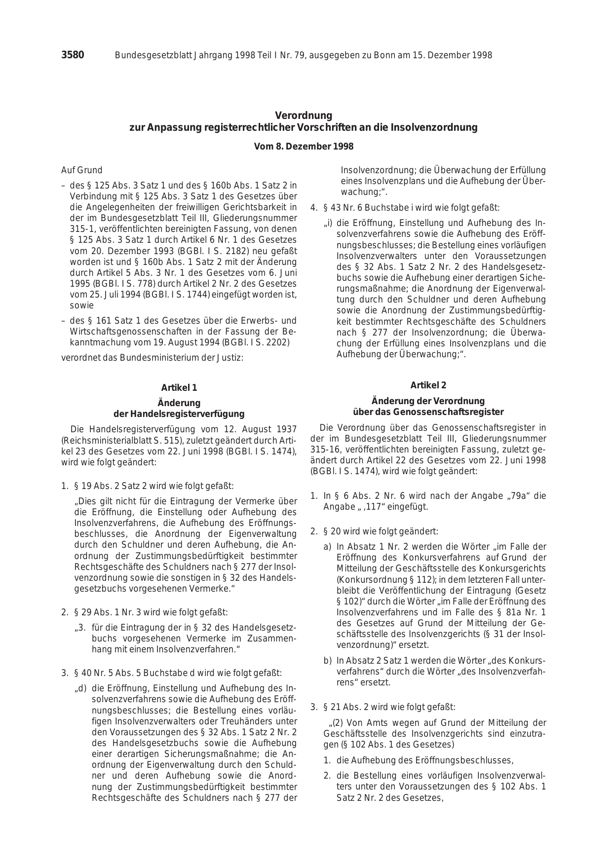 BGBl. 1998, Seite 3580 — Originalseite als Abbildung