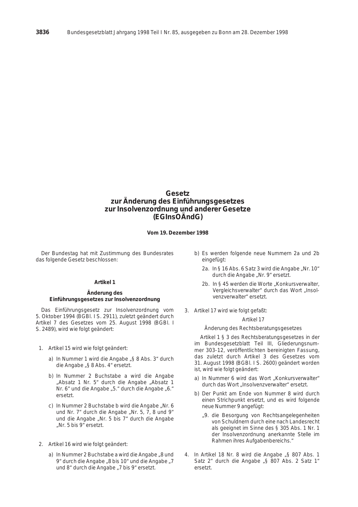 BGBl. 1998, Seite 3836 — Originalseite als Abbildung