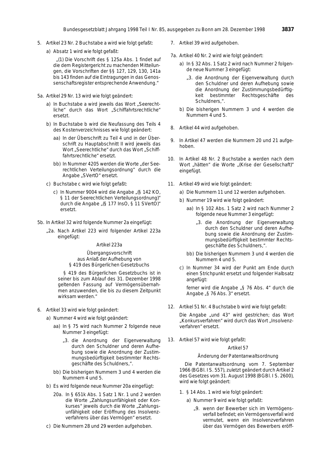 BGBl. 1998, Seite 3837 — Originalseite als Abbildung