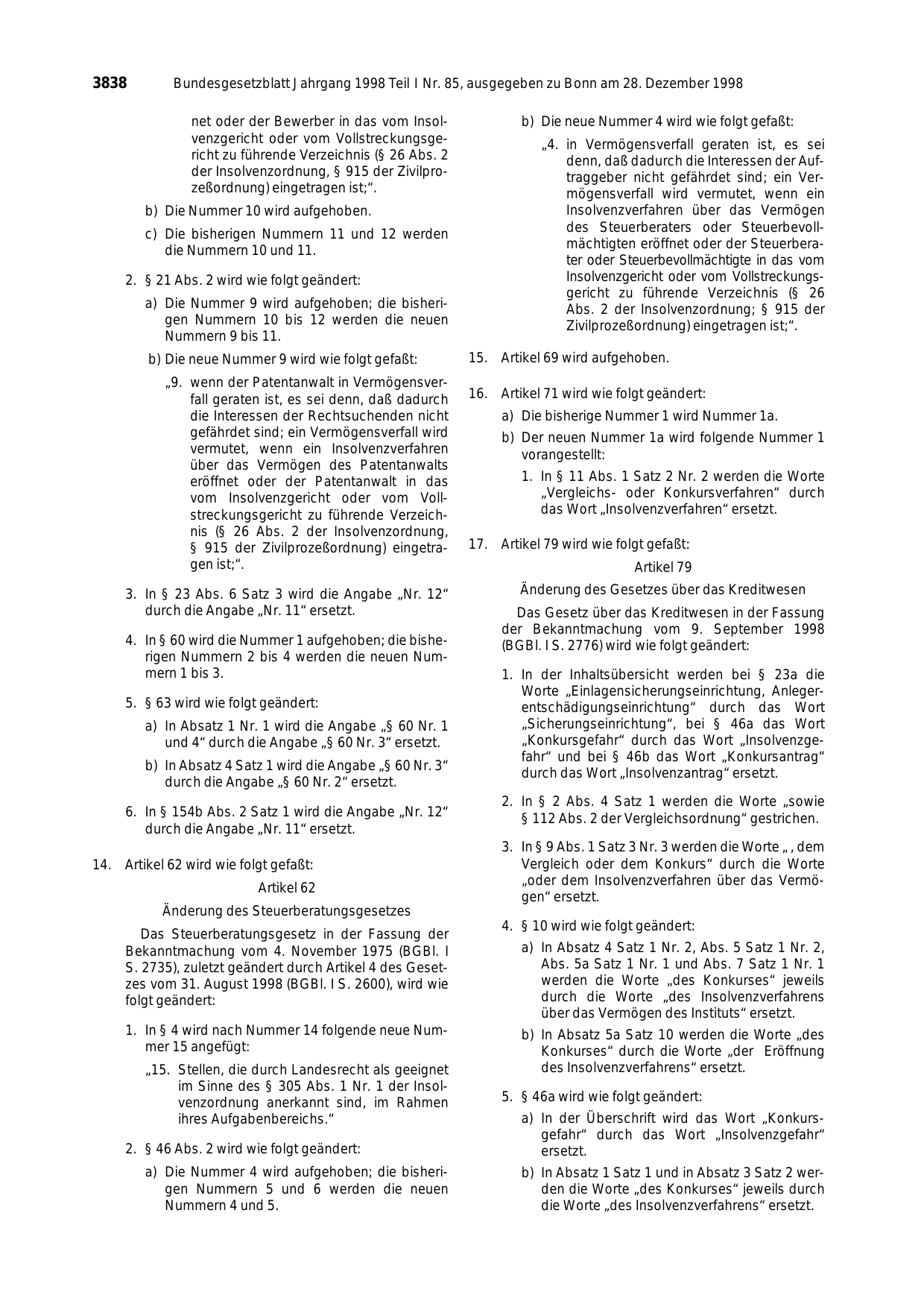 BGBl. 1998, Seite 3838 — Originalseite als Abbildung