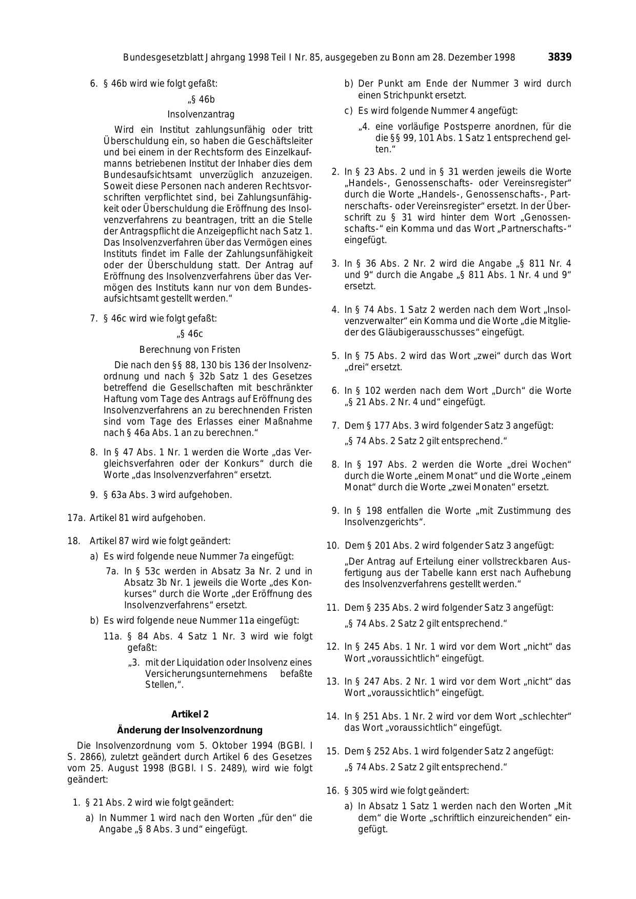 BGBl. 1998, Seite 3839 — Originalseite als Abbildung