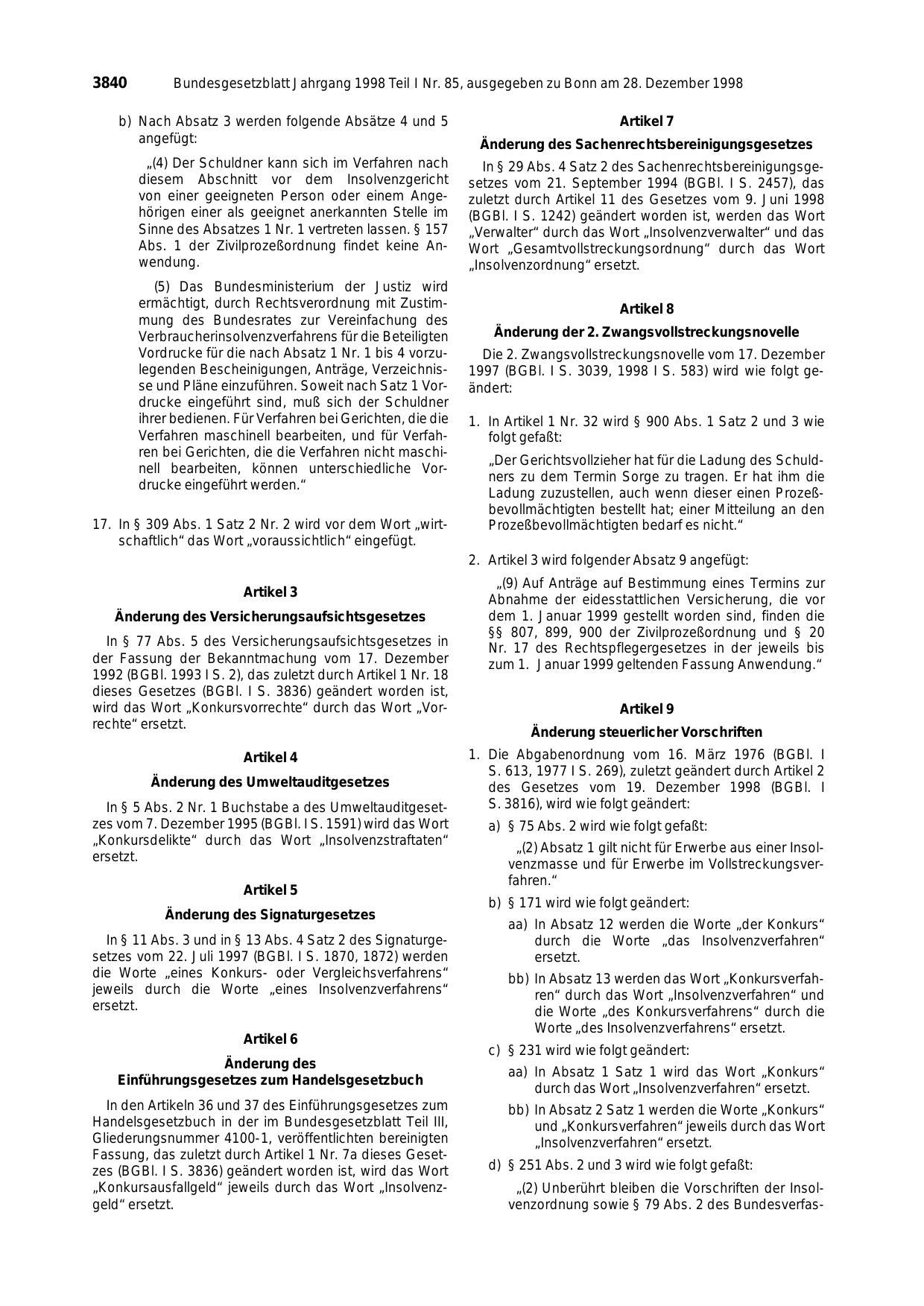 BGBl. 1998, Seite 3840 — Originalseite als Abbildung