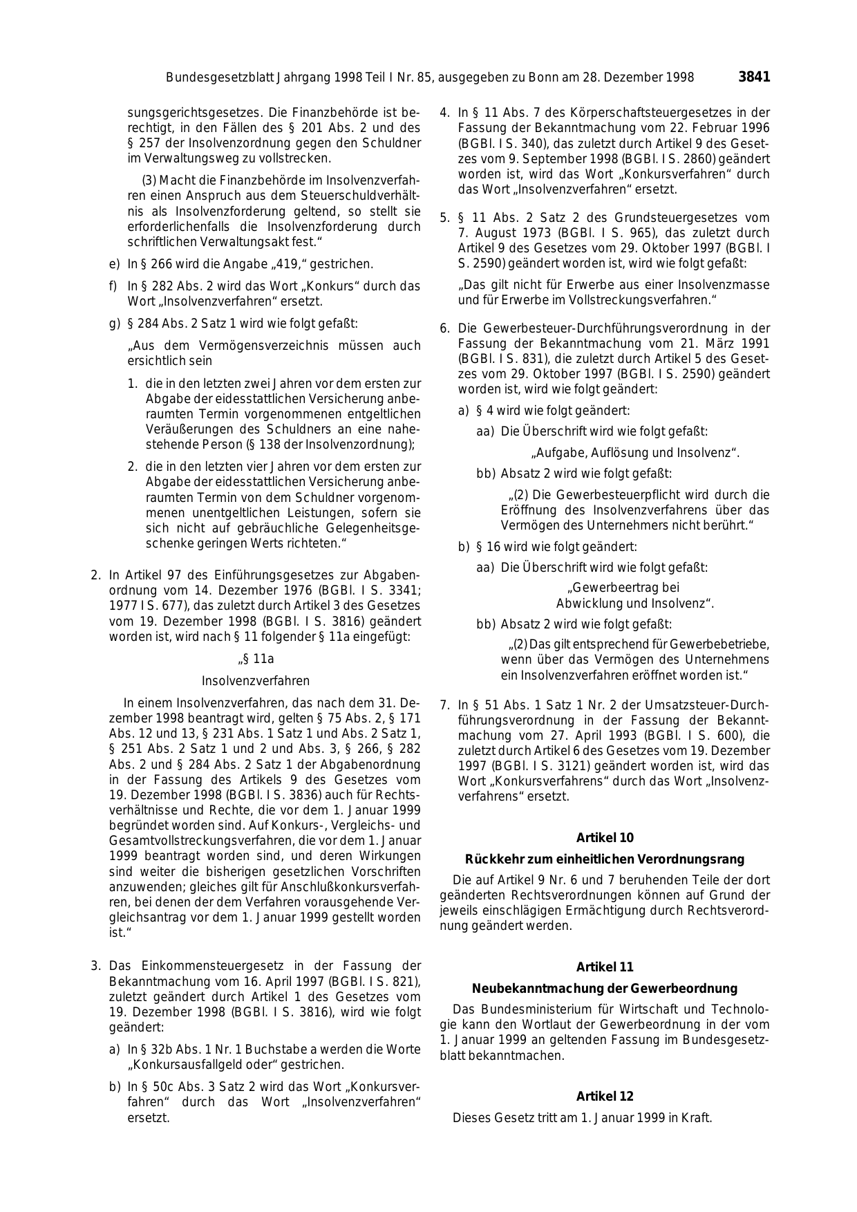 BGBl. 1998, Seite 3841 — Originalseite als Abbildung