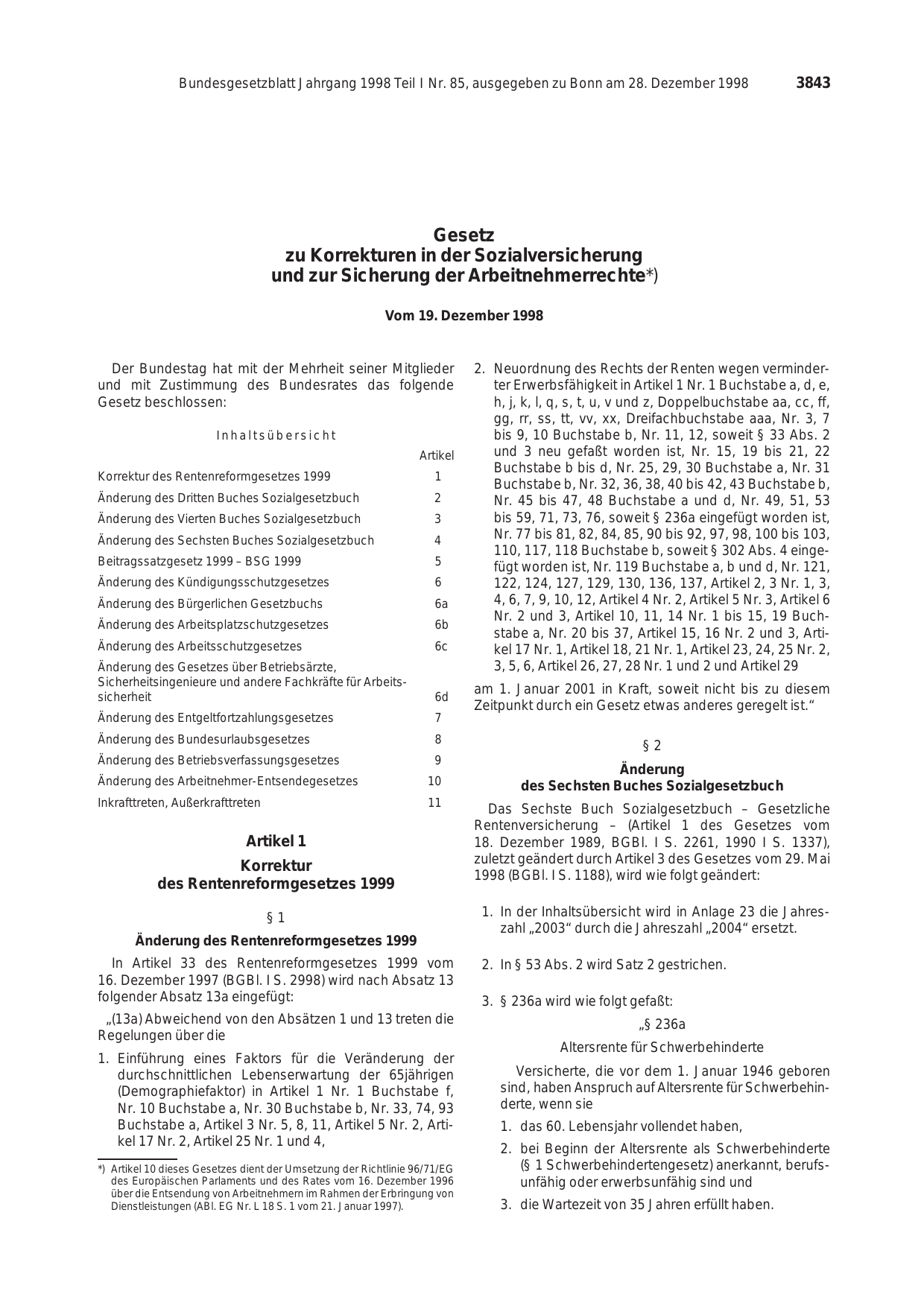 BGBl. 1998, Seite 3843 — Originalseite als Abbildung