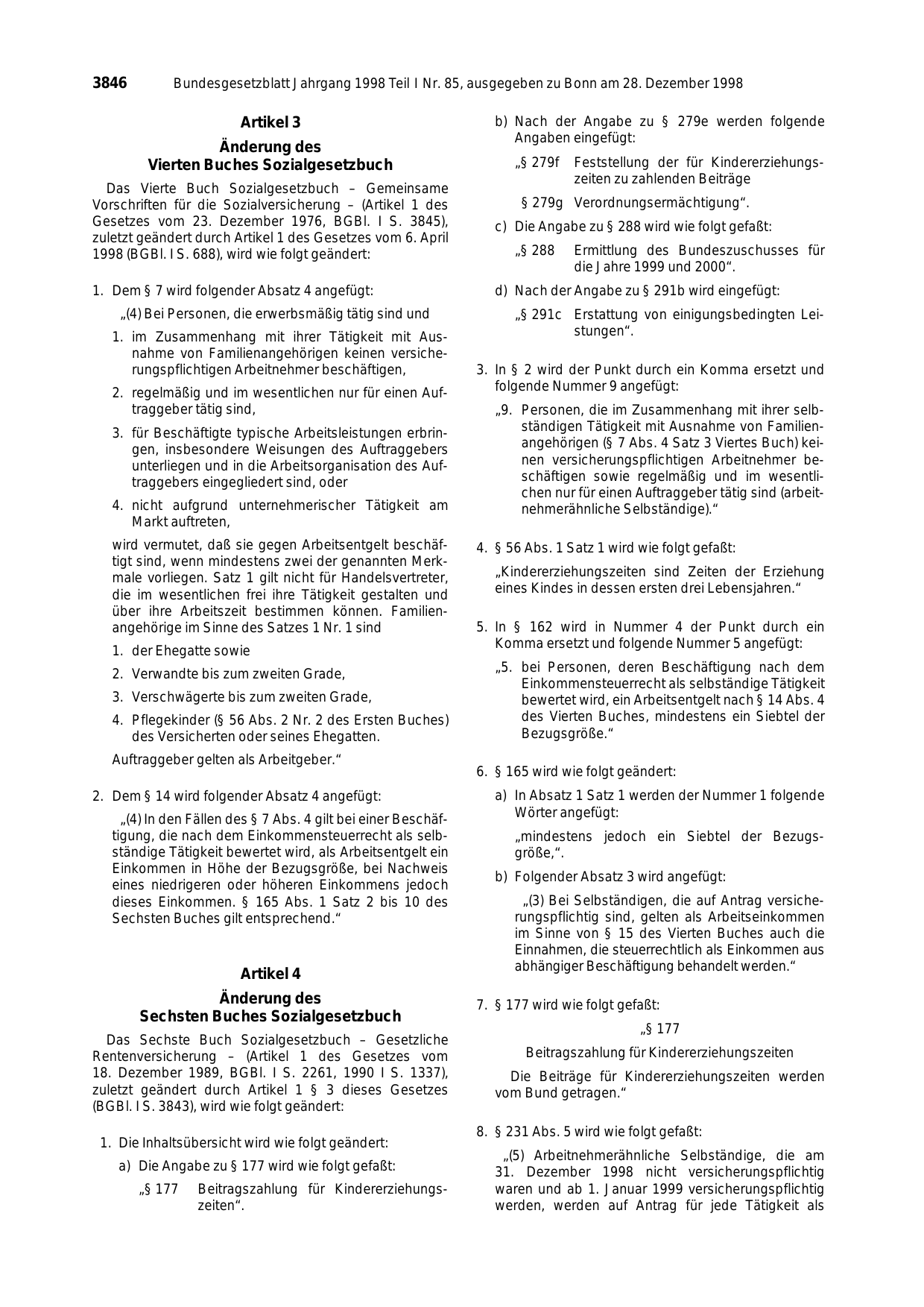 BGBl. 1998, Seite 3846 — Originalseite als Abbildung