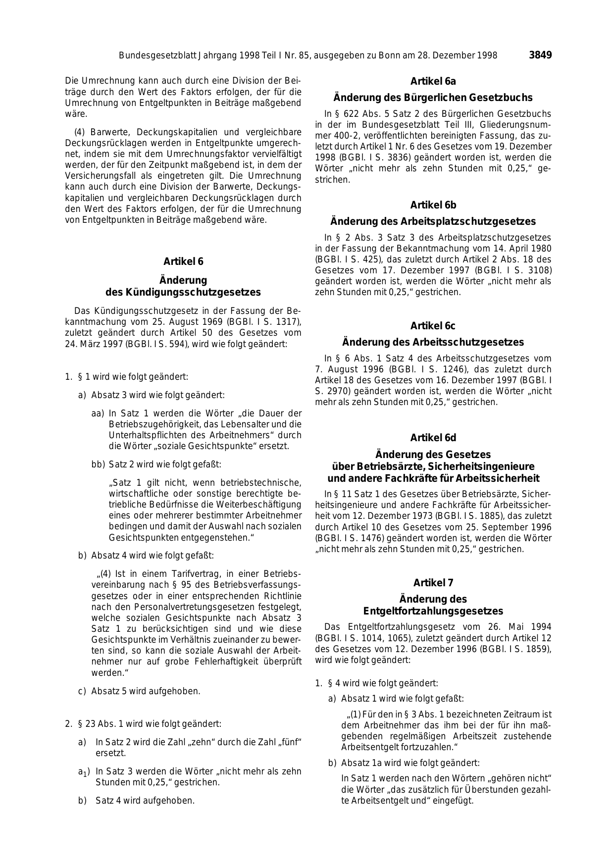 BGBl. 1998, Seite 3849 — Originalseite als Abbildung
