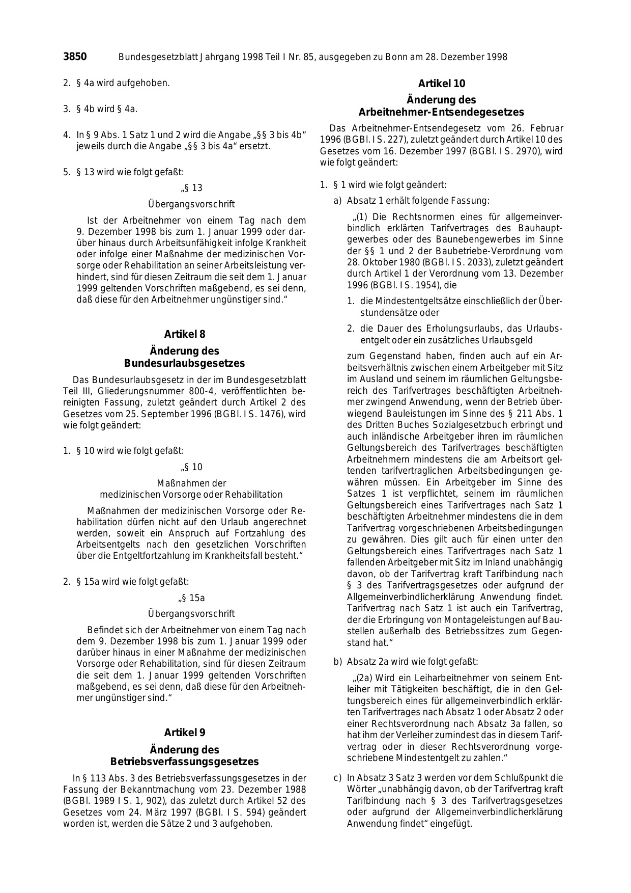 BGBl. 1998, Seite 3850 — Originalseite als Abbildung