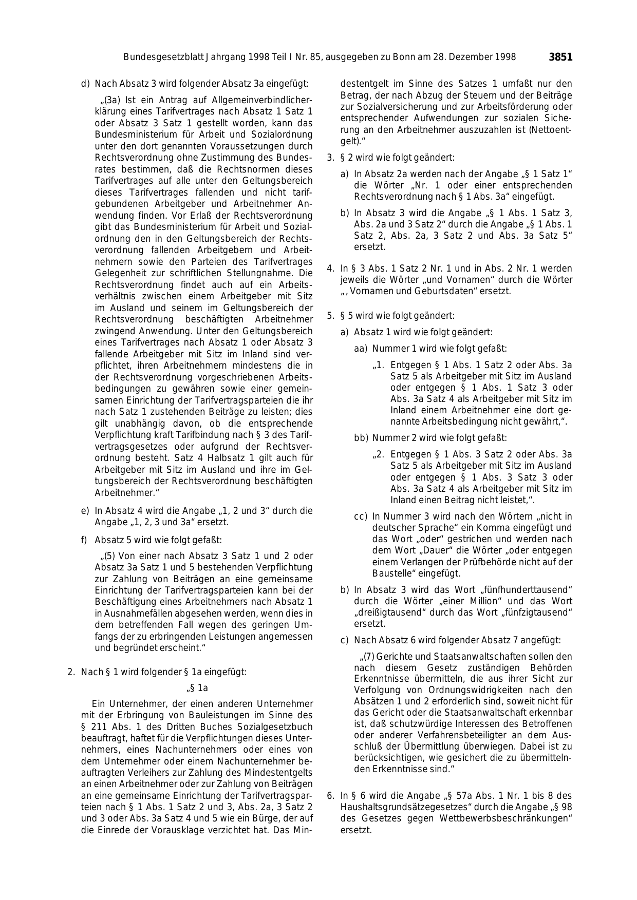 BGBl. 1998, Seite 3851 — Originalseite als Abbildung