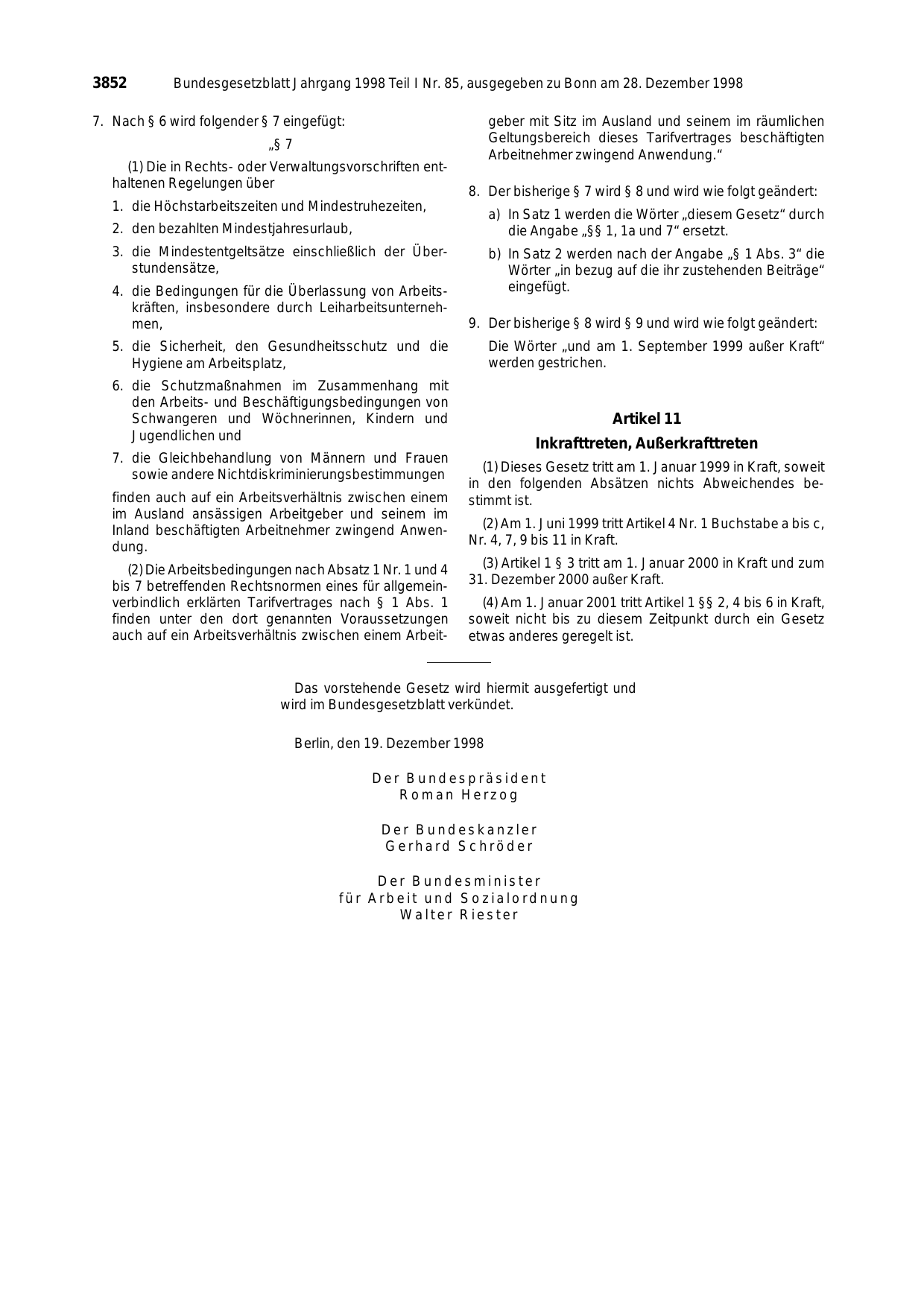 BGBl. 1998, Seite 3852 — Originalseite als Abbildung