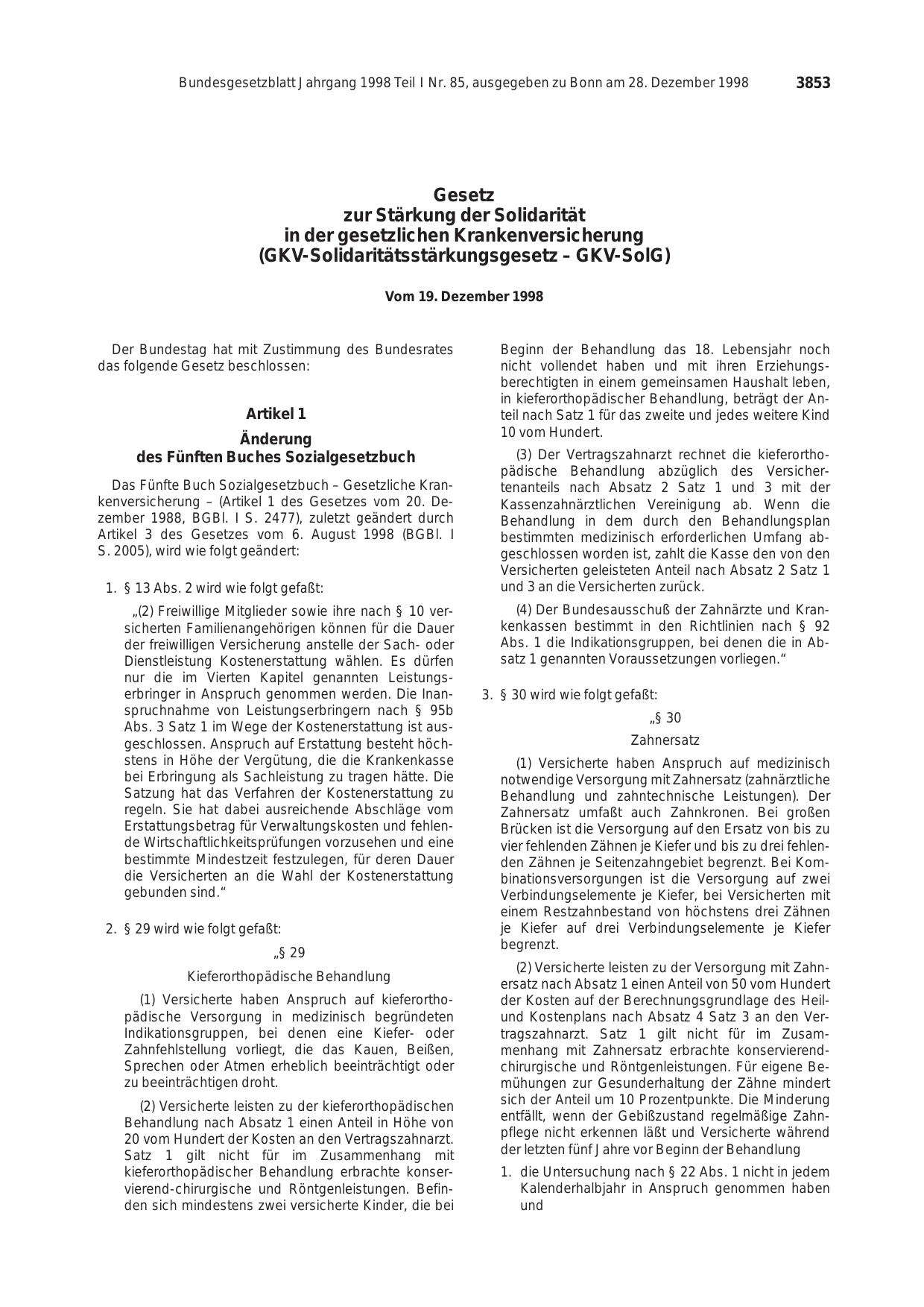 BGBl. 1998, Seite 3853 — Originalseite als Abbildung