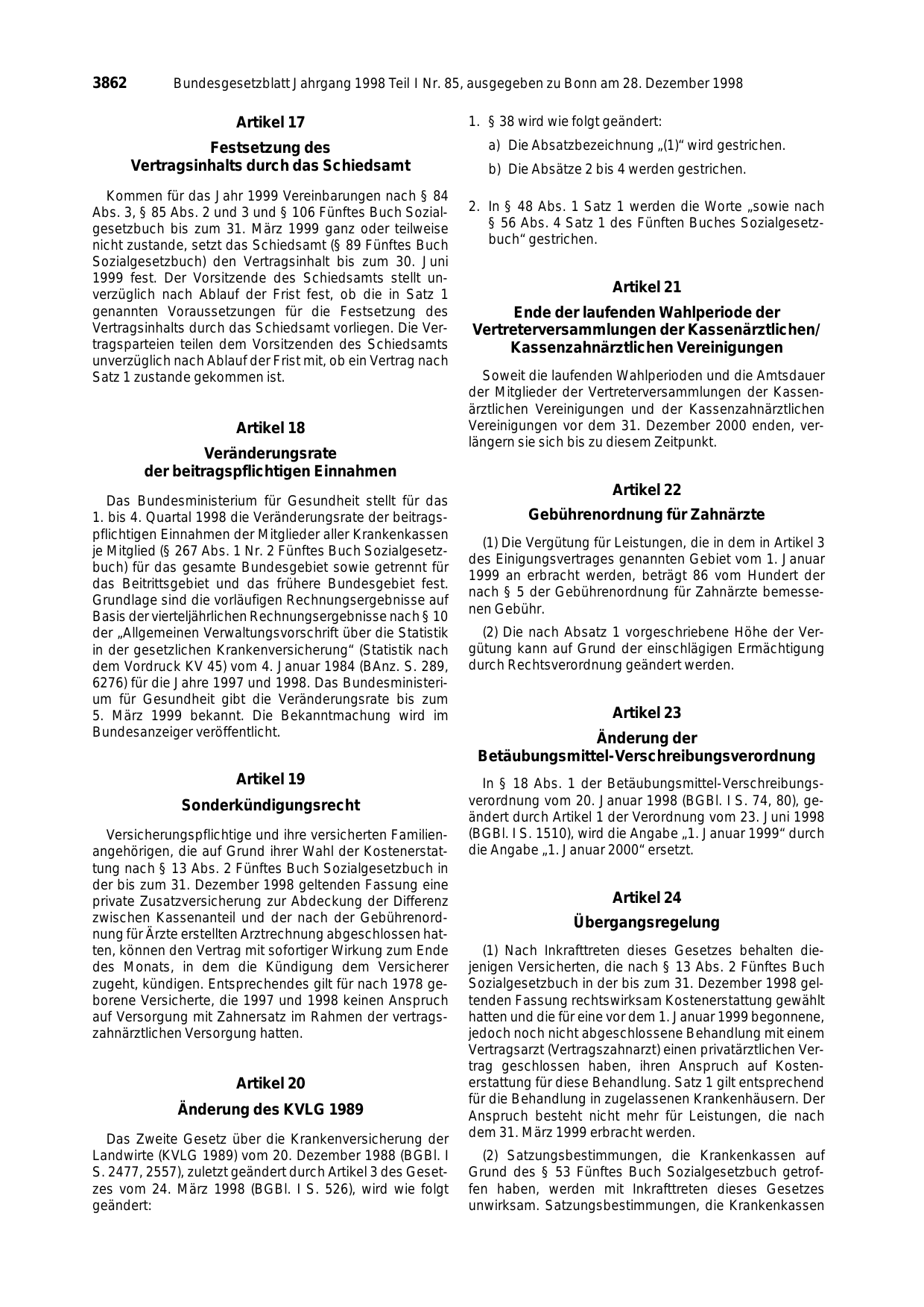 BGBl. 1998, Seite 3862 — Originalseite als Abbildung