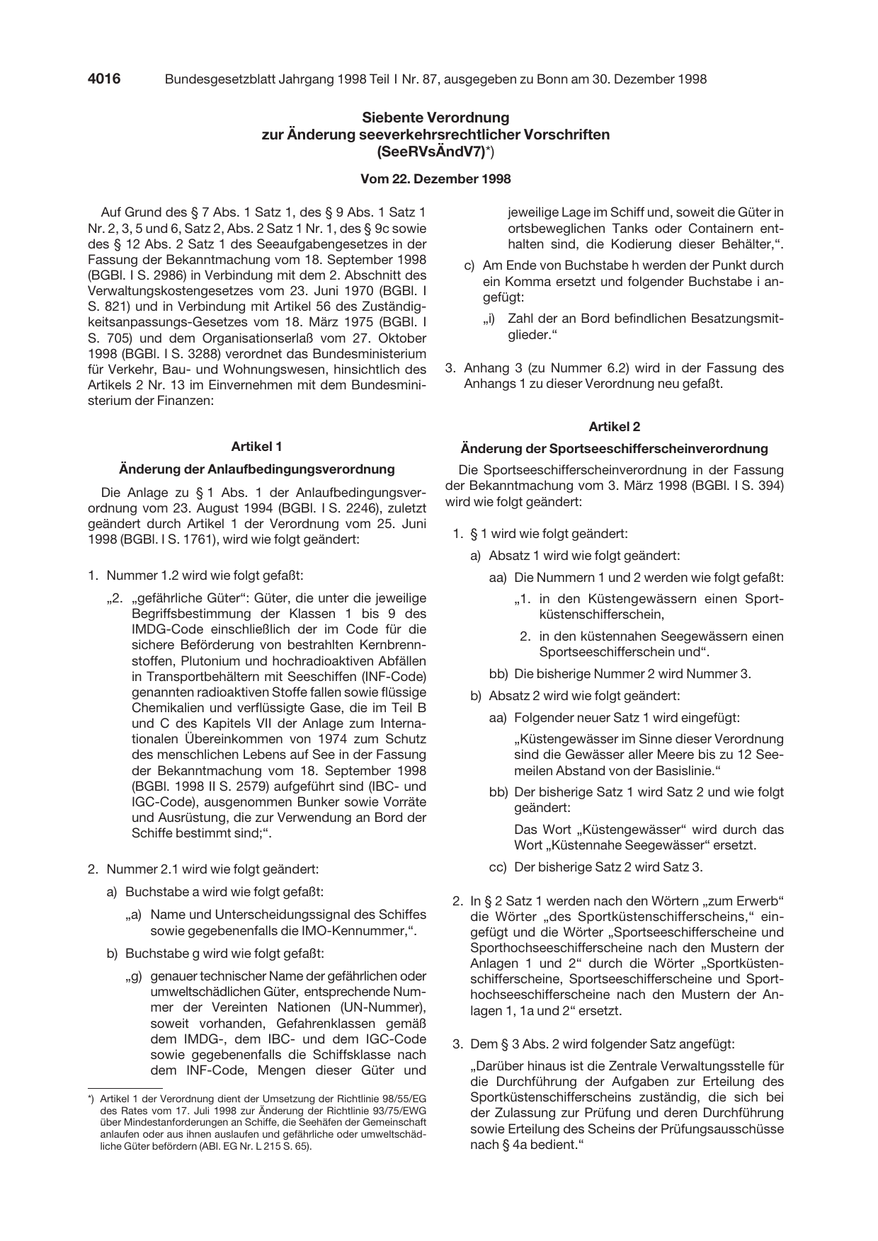 BGBl. 1998, Seite 4016 — Originalseite als Abbildung