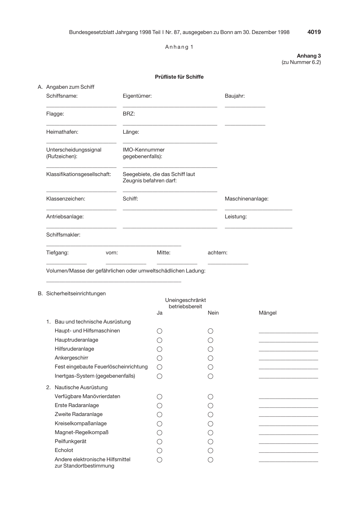 BGBl. 1998, Seite 4019 — Originalseite als Abbildung