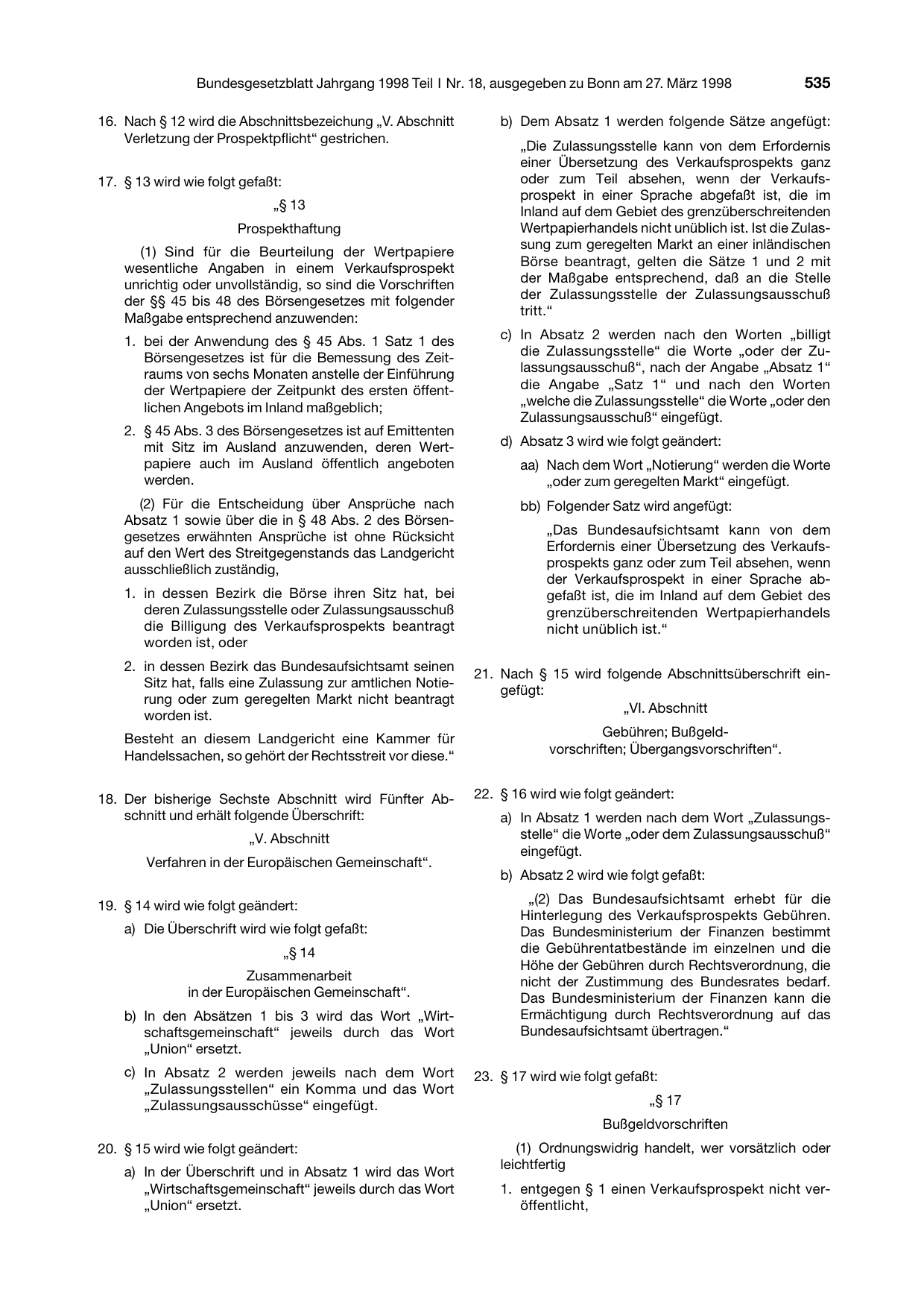 BGBl. 1998, Seite 535 — Originalseite als Abbildung