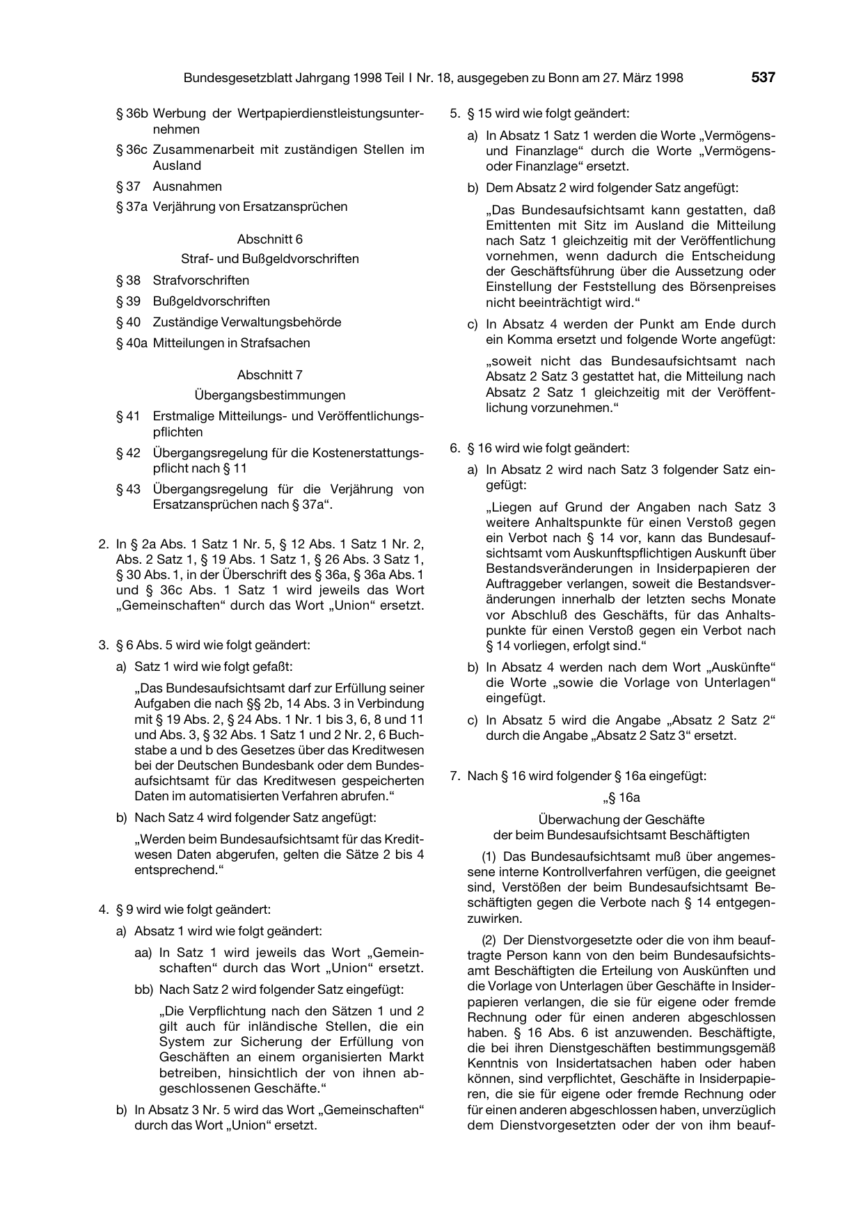 BGBl. 1998, Seite 537 — Originalseite als Abbildung