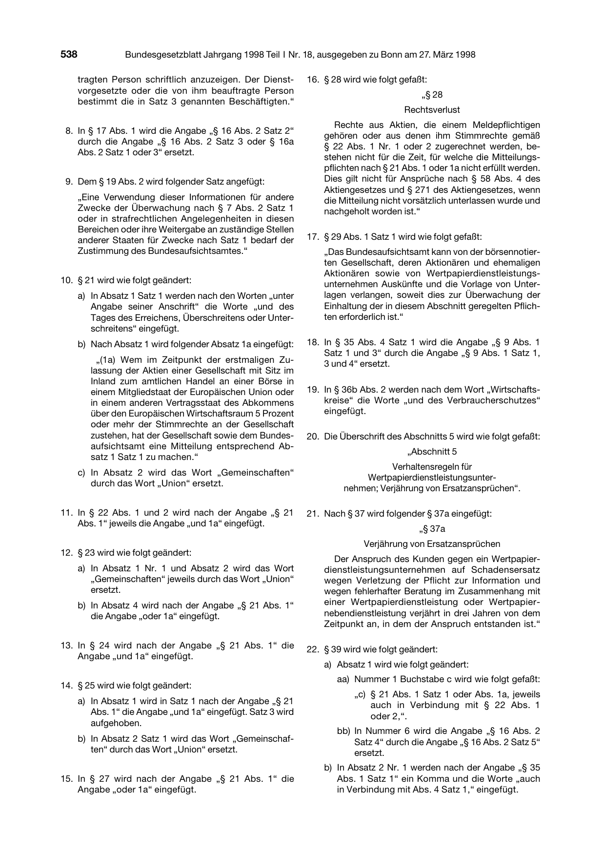 BGBl. 1998, Seite 538 — Originalseite als Abbildung