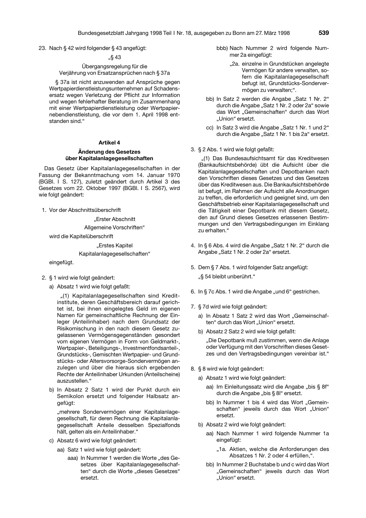 BGBl. 1998, Seite 539 — Originalseite als Abbildung