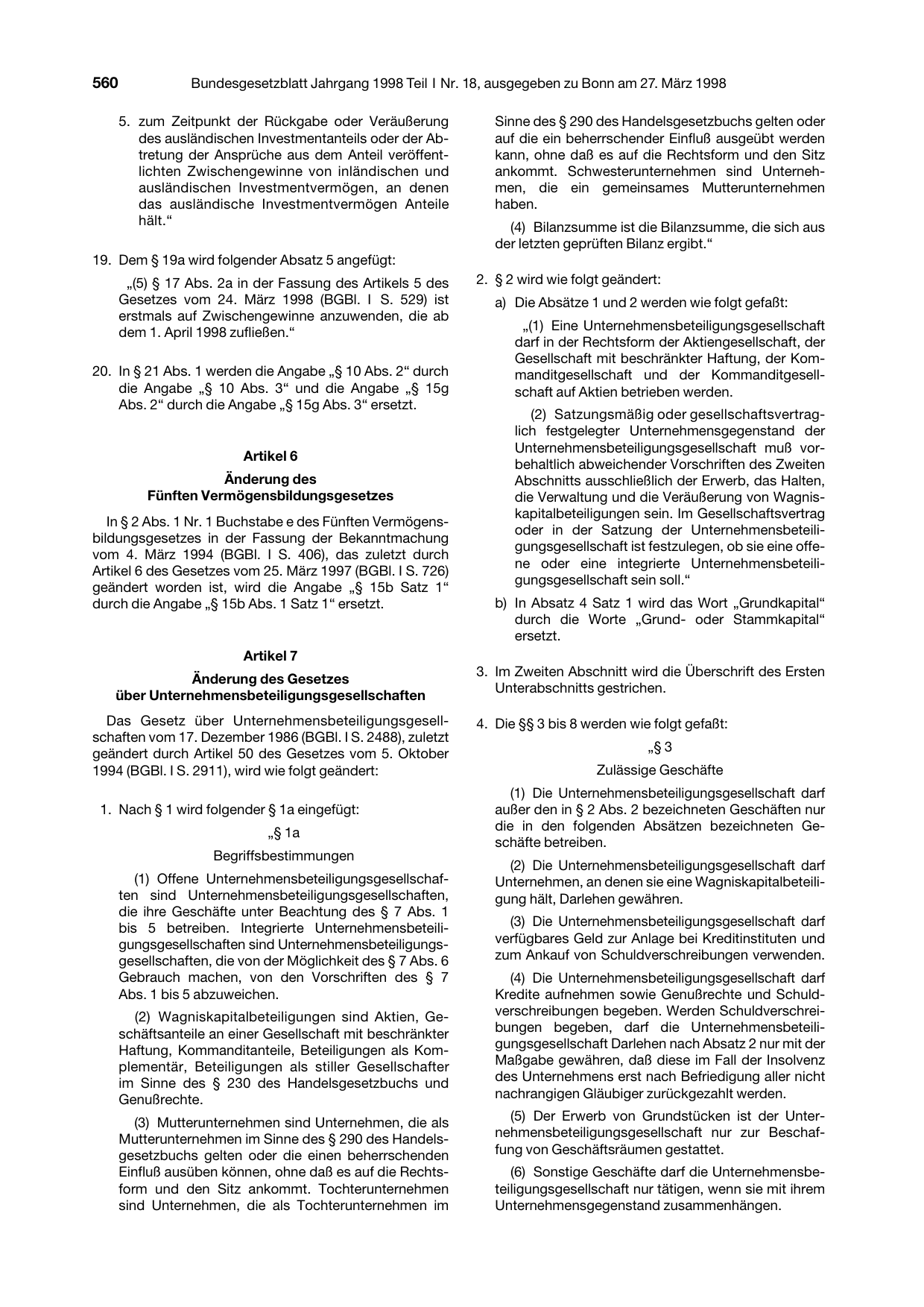 BGBl. 1998, Seite 560 — Originalseite als Abbildung