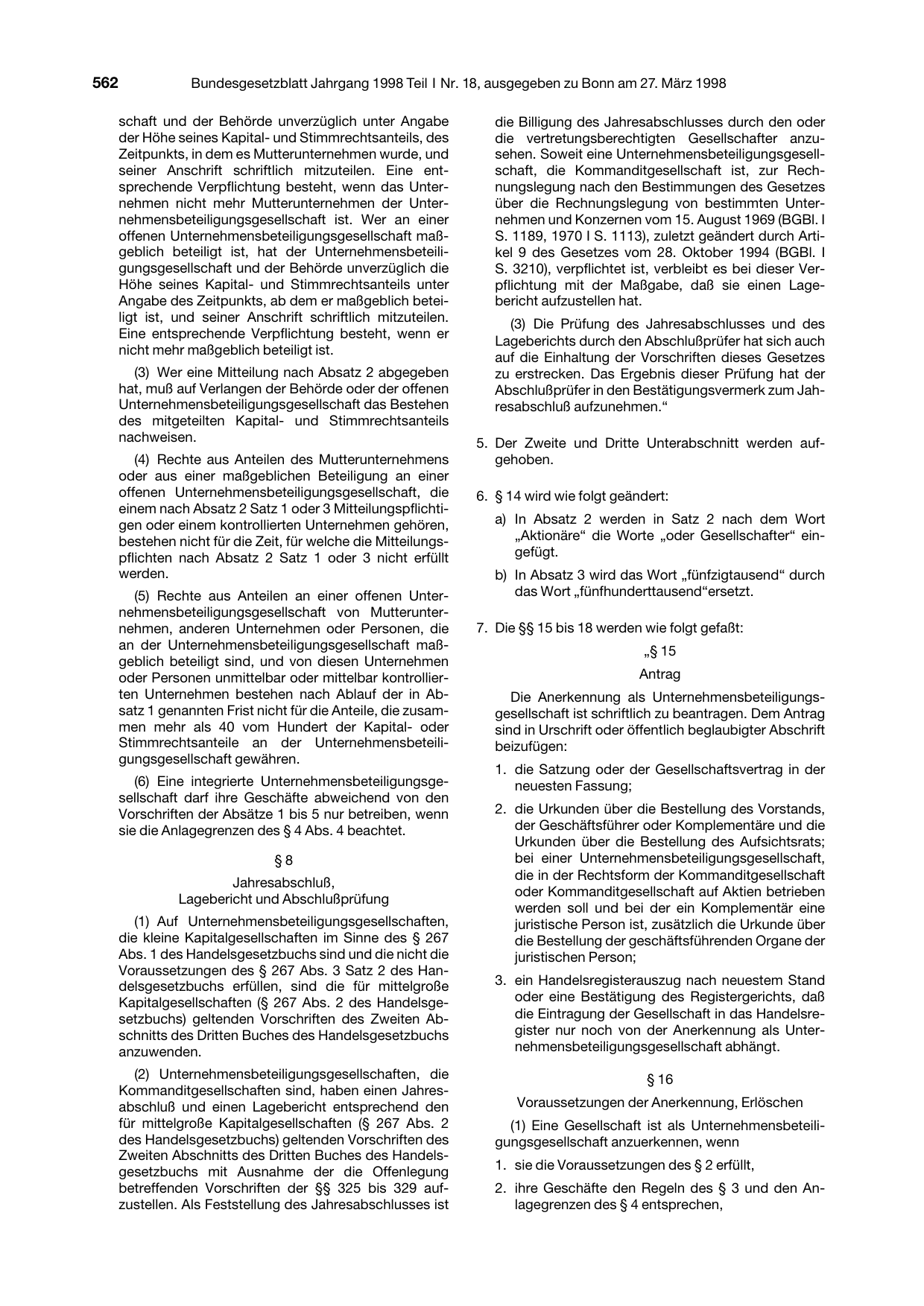 BGBl. 1998, Seite 562 — Originalseite als Abbildung