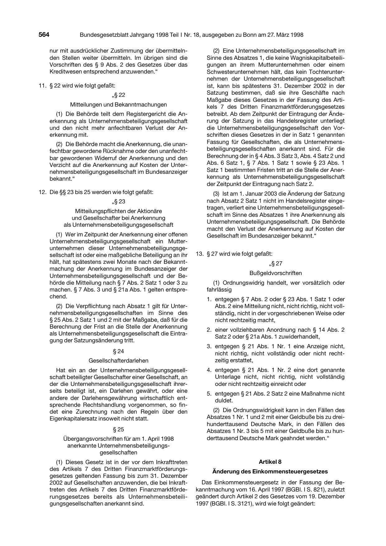 BGBl. 1998, Seite 564 — Originalseite als Abbildung