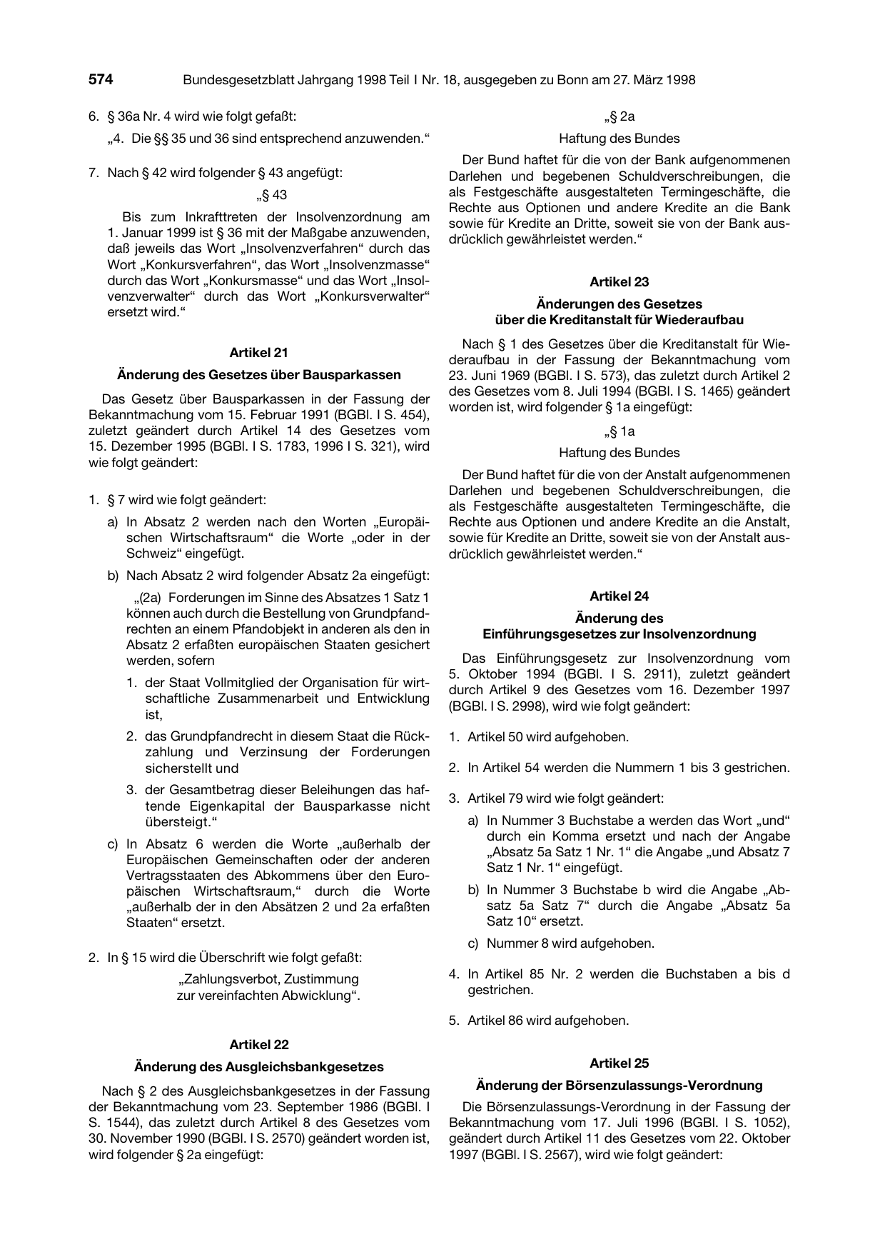 BGBl. 1998, Seite 574 — Originalseite als Abbildung