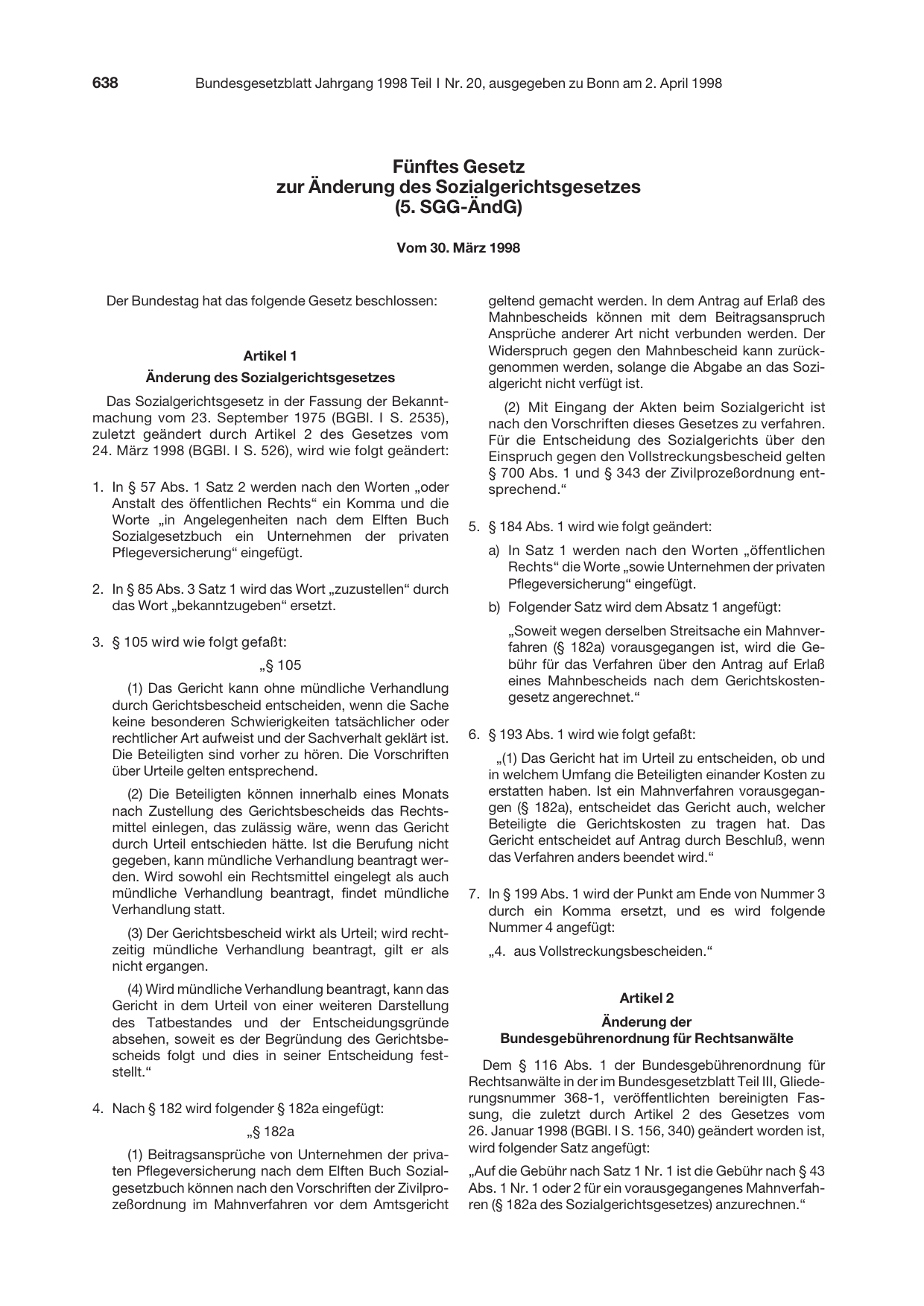 BGBl. 1998, Seite 638 — Originalseite als Abbildung