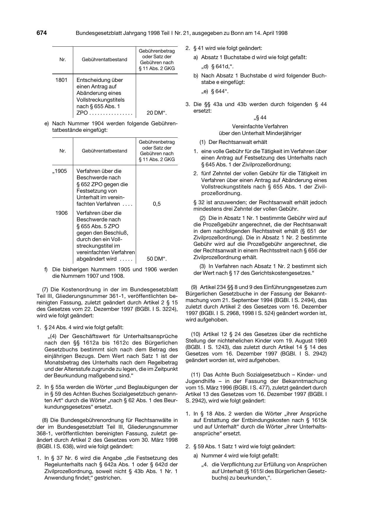 BGBl. 1998, Seite 674 — Originalseite als Abbildung