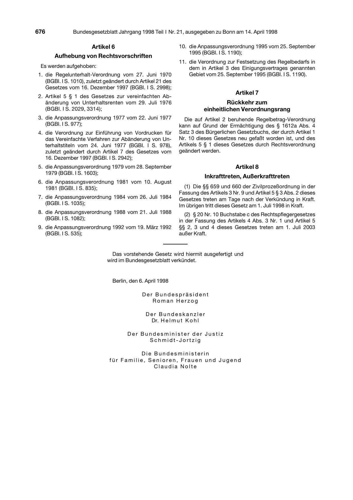 BGBl. 1998, Seite 676 — Originalseite als Abbildung