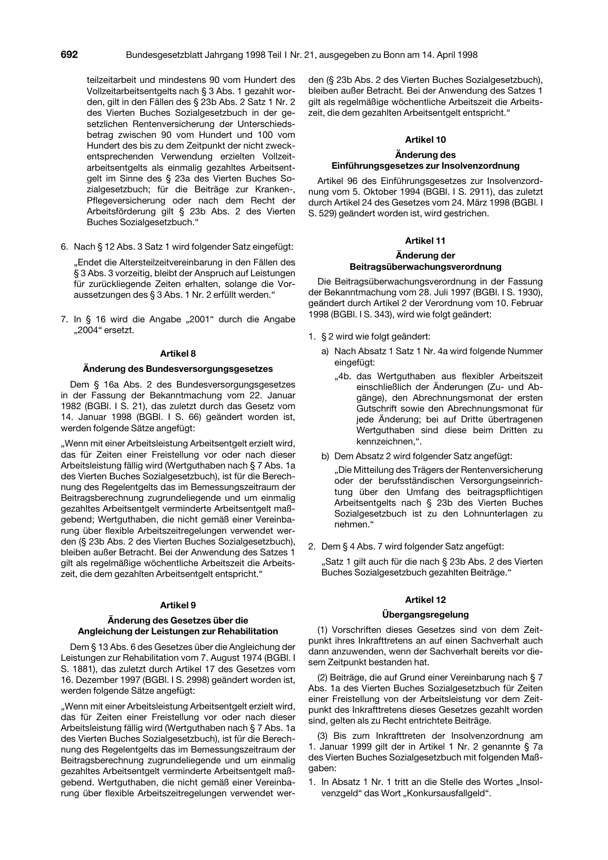 BGBl. 1998, Seite 692 — Originalseite als Abbildung
