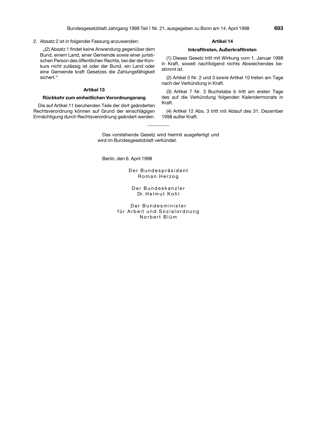 BGBl. 1998, Seite 693 — Originalseite als Abbildung