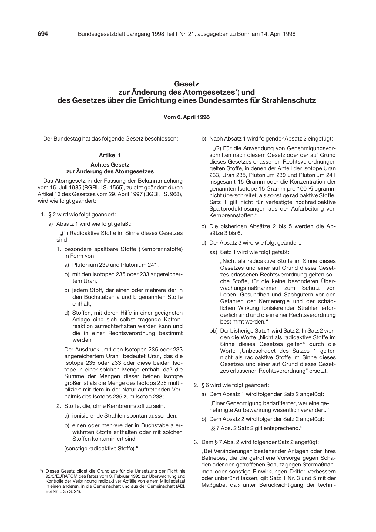 BGBl. 1998, Seite 694 — Originalseite als Abbildung
