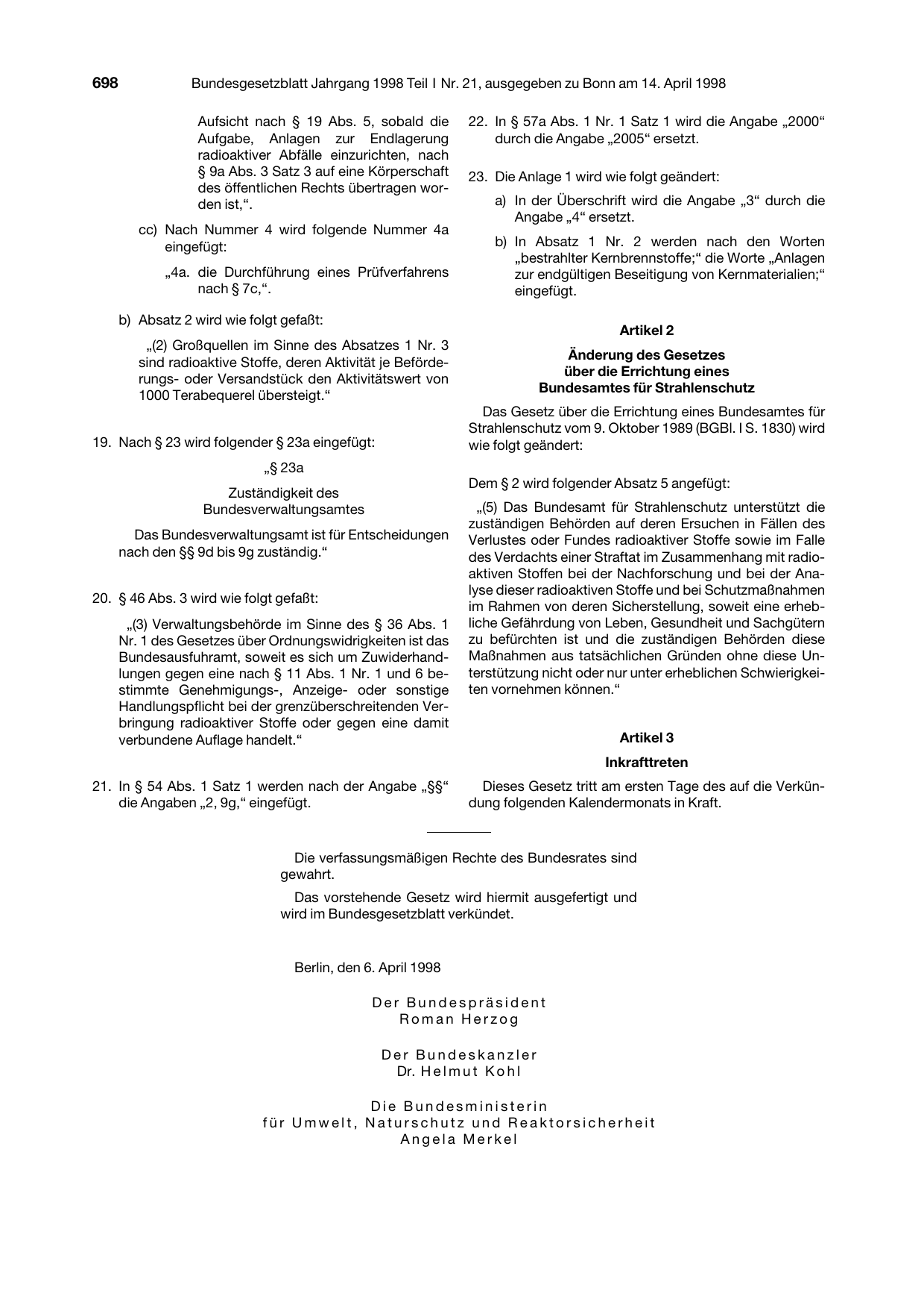 BGBl. 1998, Seite 698 — Originalseite als Abbildung