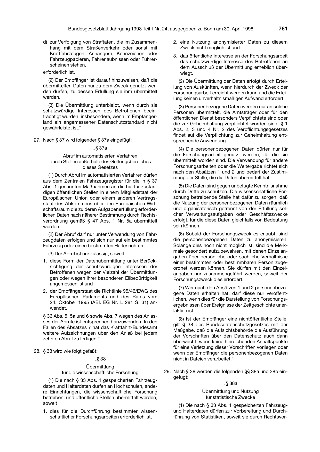 BGBl. 1998, Seite 761 — Originalseite als Abbildung