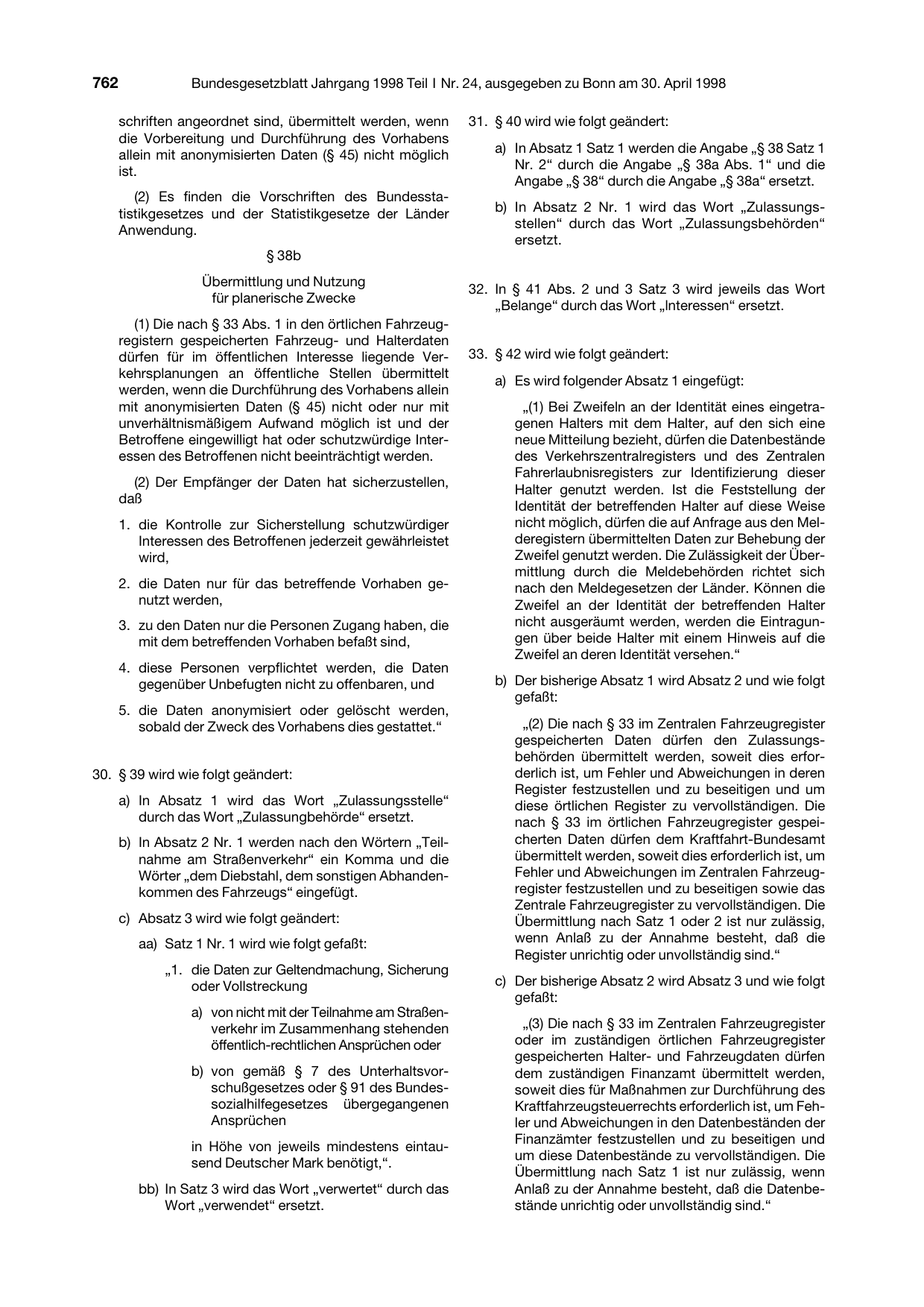 BGBl. 1998, Seite 762 — Originalseite als Abbildung
