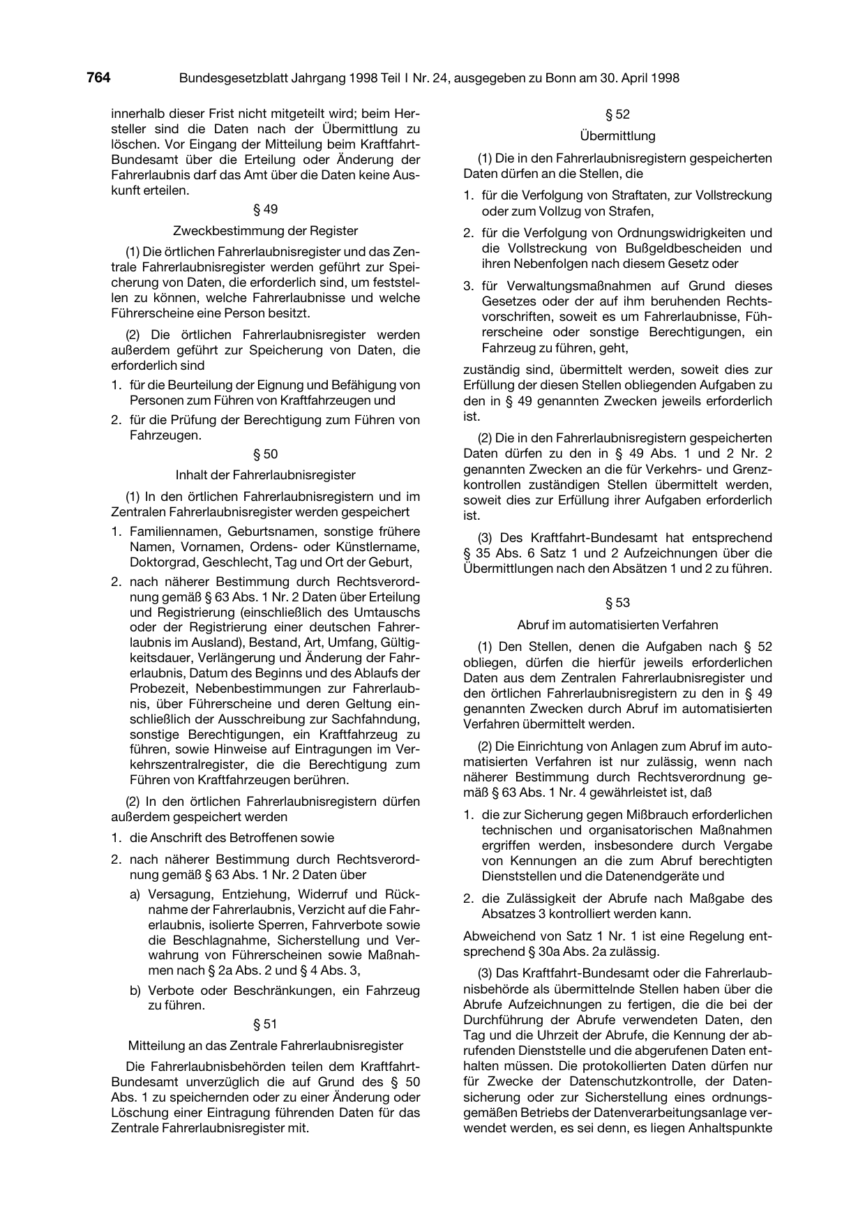 BGBl. 1998, Seite 764 — Originalseite als Abbildung