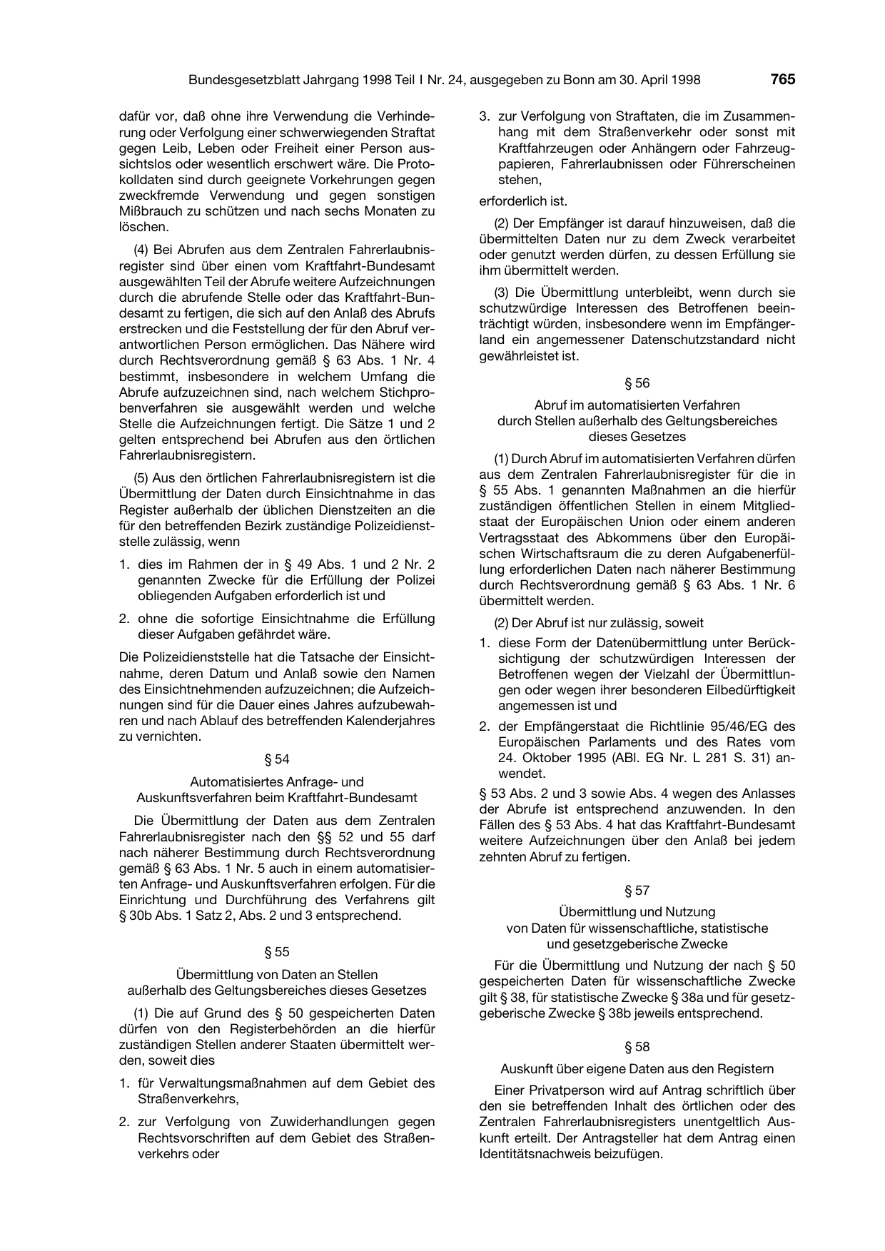 BGBl. 1998, Seite 765 — Originalseite als Abbildung