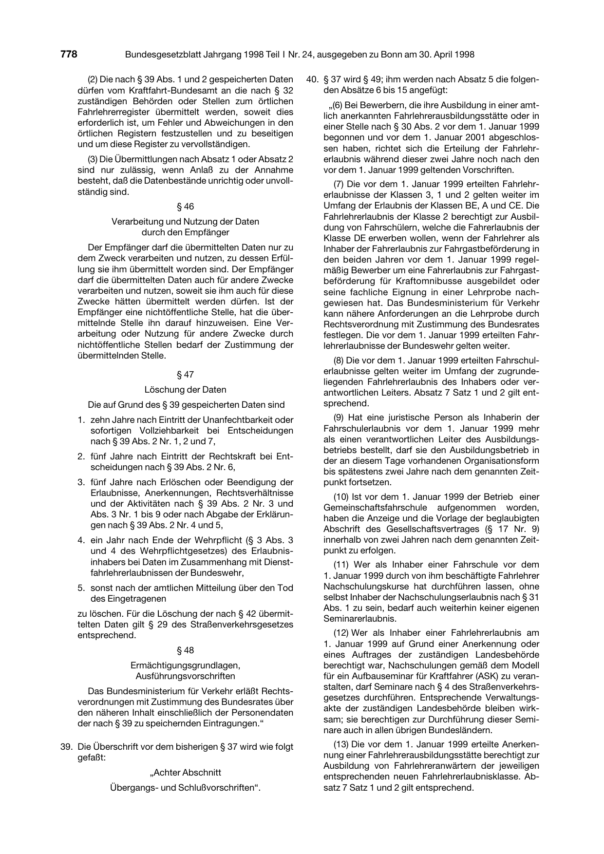 BGBl. 1998, Seite 778 — Originalseite als Abbildung