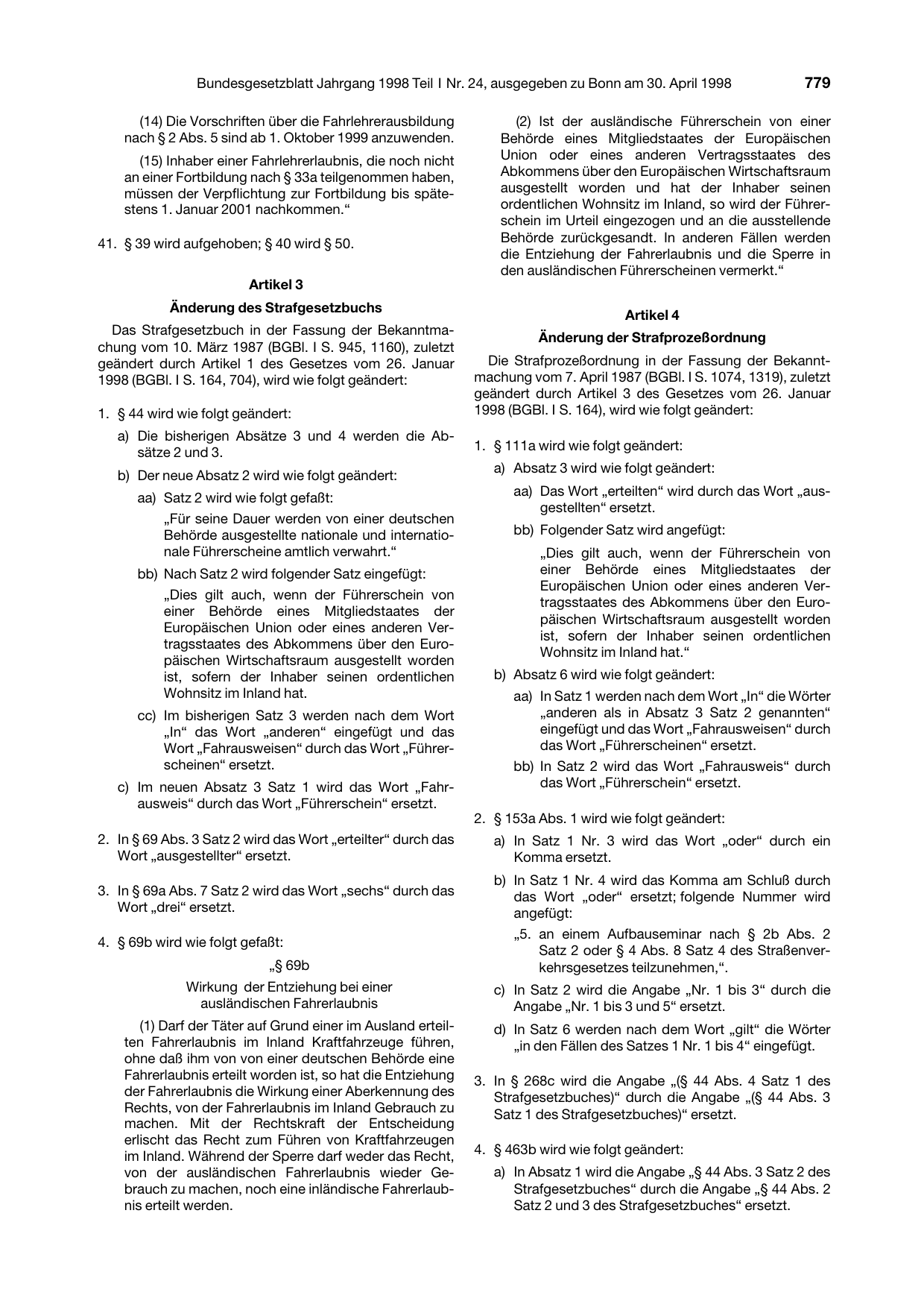 BGBl. 1998, Seite 779 — Originalseite als Abbildung