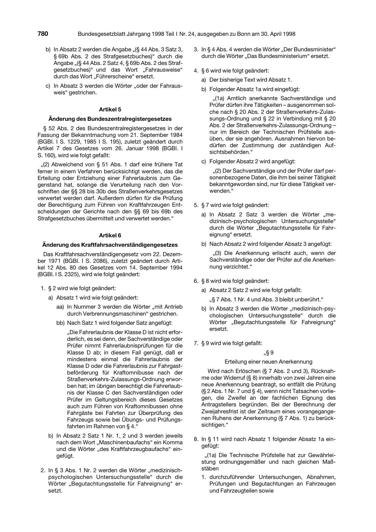 BGBl. 1998, Seite 780 — Originalseite als Abbildung