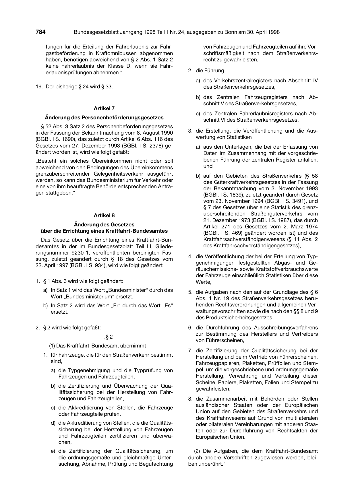 BGBl. 1998, Seite 784 — Originalseite als Abbildung