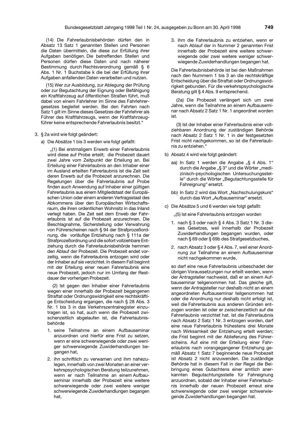BGBl. 1998, Seite 749 — Originalseite als Abbildung