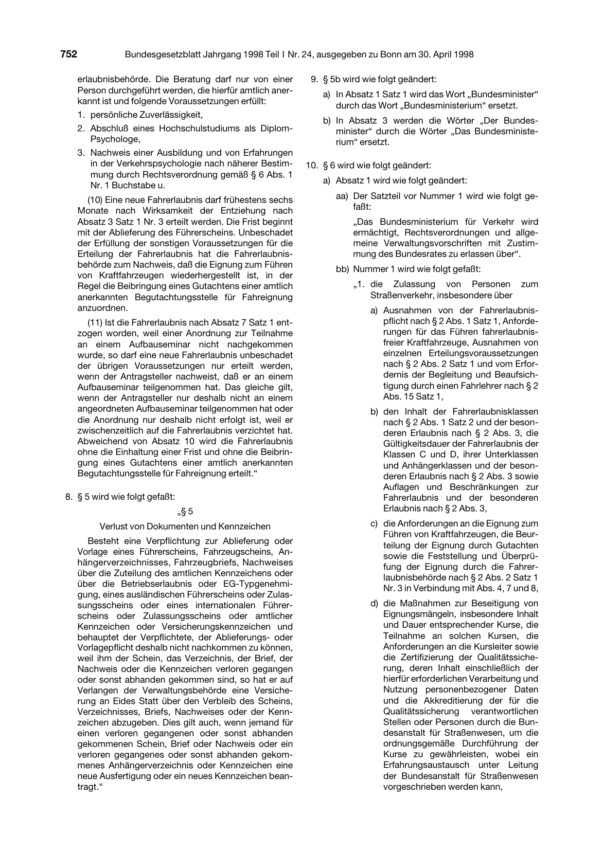 BGBl. 1998, Seite 752 — Originalseite als Abbildung