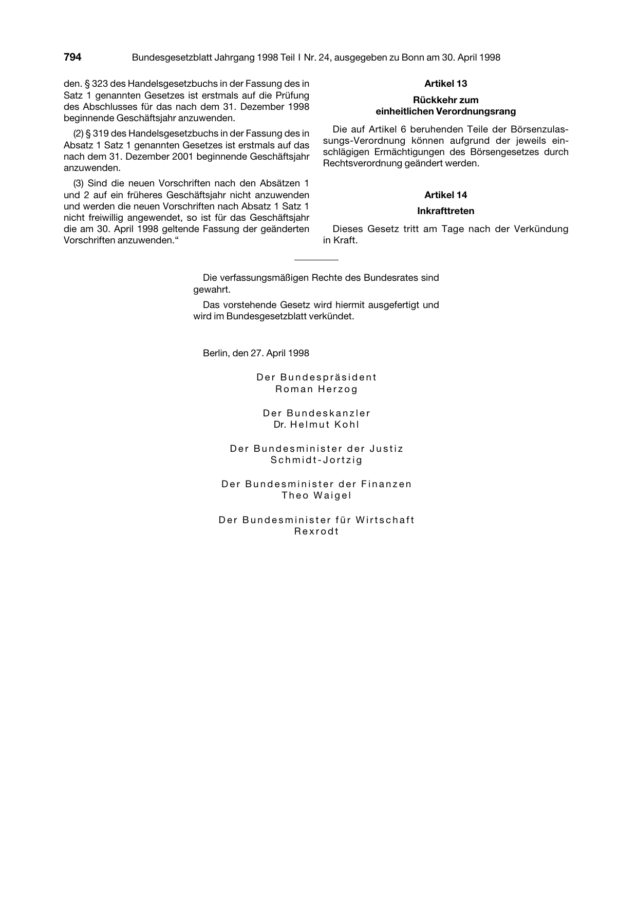 BGBl. 1998, Seite 794 — Originalseite als Abbildung